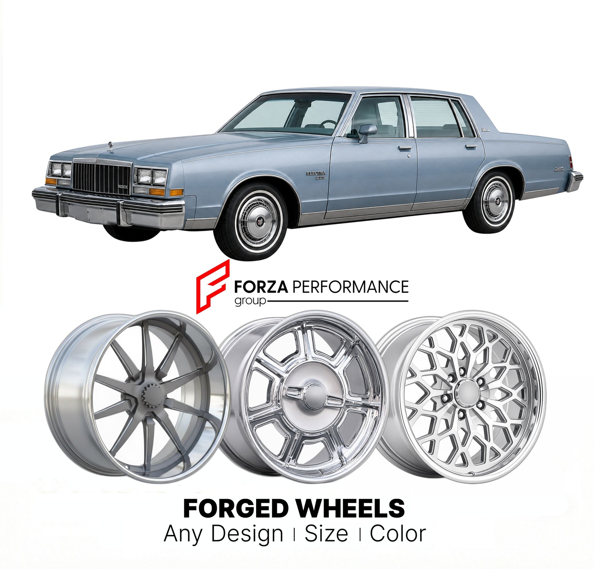 CUSTOM CLASSIC VINTAGE RESTOMOD RETRO OLD SCHOOL FORGED WHEELS RIMS for BUICK ELECTRA 1985 - 1990
Custom forged wheels for classic American muscle cars. Ideal for restomod builds, vintage restorations, and show cars. Deep dish and retro styling available.

We manufacture premium quality forged wheels rims for Buick Electra 1985 - 1990 in any design, size, color.

THIS WHEEL DESIGN CAN BE CUSTOM-MADE FOR YOUR CAR IN ANY SIZE AND COLOR OPTIONS
Available in monoblock, 2-piece, 3-piece, duoblock, beadlock
3D wh