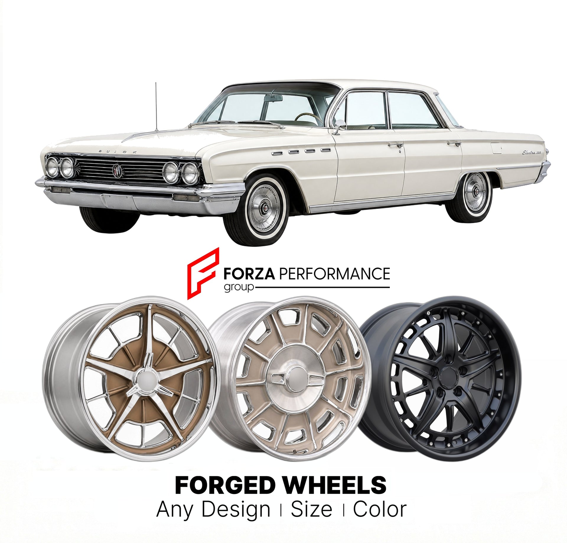 CUSTOM CLASSIC VINTAGE RESTOMOD RETRO OLD SCHOOL FORGED WHEELS RIMS for BUICK ELECTRA 225 1961 - 1964
Custom forged wheels for classic American muscle cars. Ideal for restomod builds, vintage restorations, and show cars. Deep dish and retro styling available.

We manufacture premium quality forged wheels rims for Buick Electra 225 1961 - 1964 in any design, size, color.

THIS WHEEL DESIGN CAN BE CUSTOM-MADE FOR YOUR CAR IN ANY SIZE AND COLOR OPTIONS
Available in monoblock, 2-piece, 3-piece, duoblock, beadlo