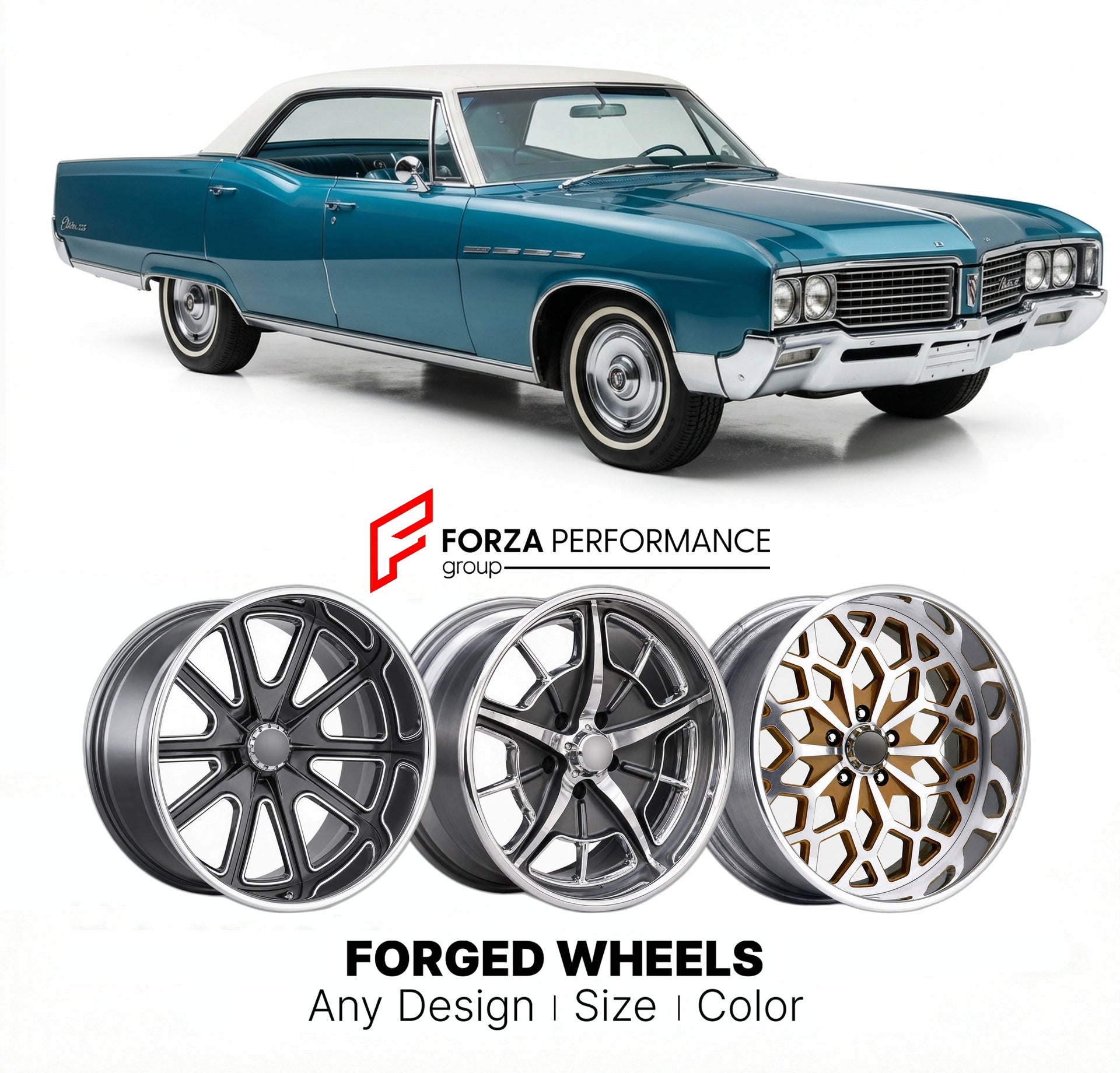 CUSTOM CLASSIC VINTAGE RESTOMOD RETRO OLD SCHOOL FORGED WHEELS RIMS for BUICK ELECTRA 225 1965 - 1970
Custom forged wheels for classic American muscle cars. Ideal for restomod builds, vintage restorations, and show cars. Deep dish and retro styling available.

We manufacture premium quality forged wheels rims for Buick Electra 225 1965 - 1970 in any design, size, color.

THIS WHEEL DESIGN CAN BE CUSTOM-MADE FOR YOUR CAR IN ANY SIZE AND COLOR OPTIONS
Available in monoblock, 2-piece, 3-piece, duoblock, beadlo