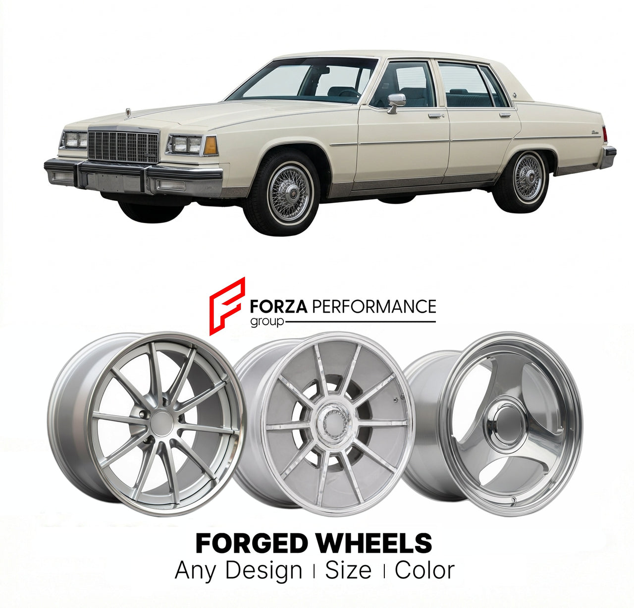 CUSTOM CLASSIC VINTAGE RESTOMOD RETRO OLD SCHOOL FORGED WHEELS RIMS for BUICK ELECTRA 225 LIMITED 1980 - 1984
Custom forged wheels for classic American muscle cars. Ideal for restomod builds, vintage restorations, and show cars. Deep dish and retro styling available.

We manufacture premium quality forged wheels rims for Buick Electra 225 Limited 1980 - 1984 in any design, size, color.

THIS WHEEL DESIGN CAN BE CUSTOM-MADE FOR YOUR CAR IN ANY SIZE AND COLOR OPTIONS
Available in monoblock, 2-piece, 3-piece, 