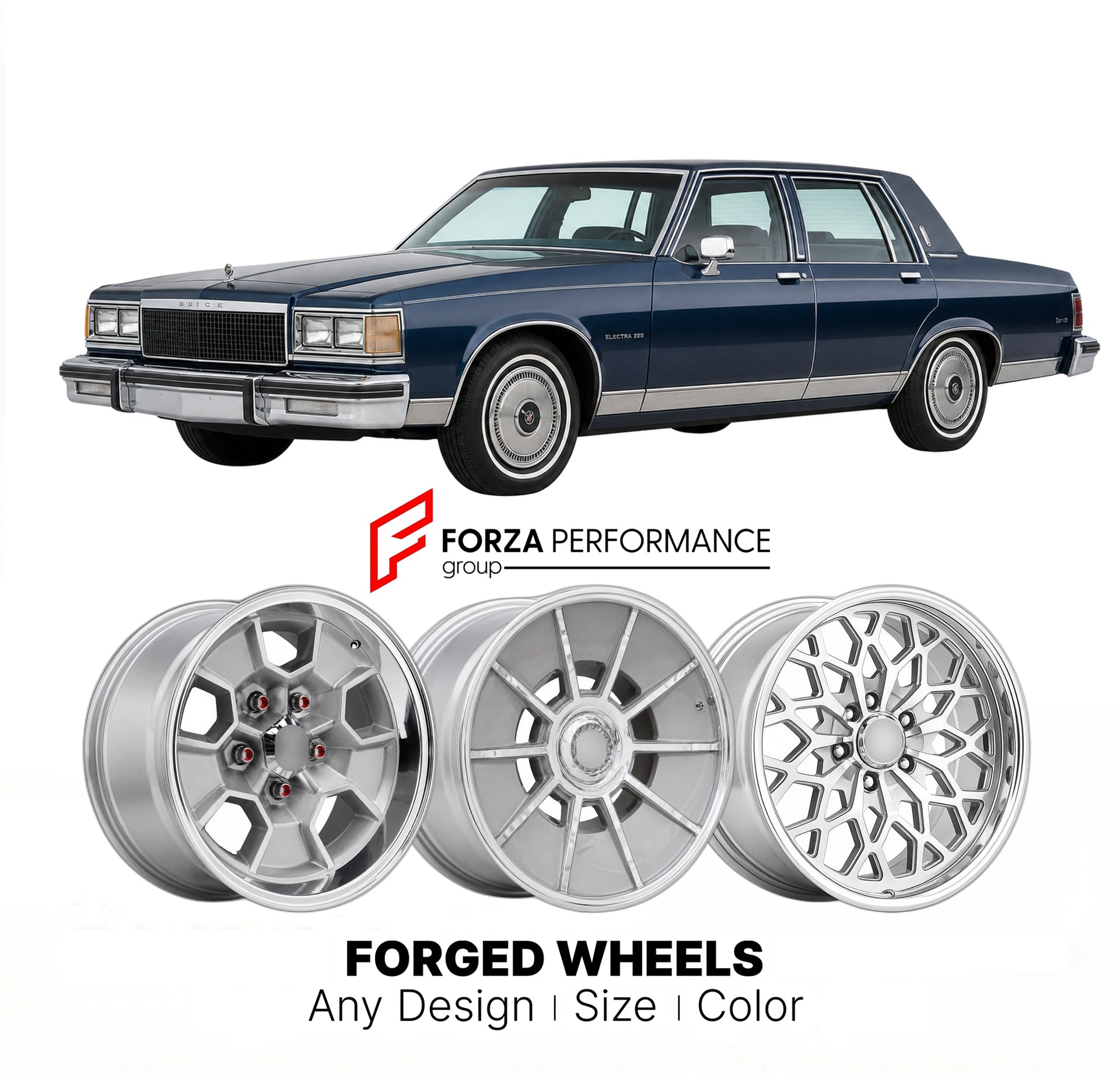 CUSTOM CLASSIC VINTAGE RESTOMOD RETRO OLD SCHOOL FORGED WHEELS RIMS for BUICK ELECTRA 225 LIMITED 1985 - 1985
Custom forged wheels for classic American muscle cars. Ideal for restomod builds, vintage restorations, and show cars. Deep dish and retro styling available.

We manufacture premium quality forged wheels rims for Buick Electra 225 Limited 1985 - 1985 in any design, size, color.

THIS WHEEL DESIGN CAN BE CUSTOM-MADE FOR YOUR CAR IN ANY SIZE AND COLOR OPTIONS
Available in monoblock, 2-piece, 3-piece, 