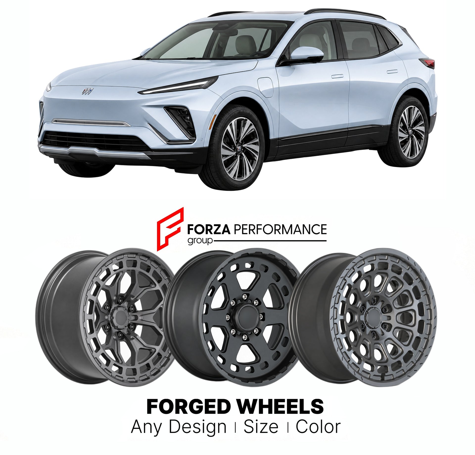 FORGED WHEELS RIMS for BUICK ELECTRA E5 GLOBAL ELECTRIC SUV 2023+

Custom forged wheels for Buick Electra E5 Global Electric SUV 2023+. Made-to-order monoblock, 2-piece and 3-piece rims in custom sizes, offsets, colors and finishes with guaranteed fitment.

We manufacture premium quality forged wheels rims for Buick Electra E5 Global Electric SUV 2023+ in any design, size, color.

THIS WHEEL DESIGN CAN BE CUSTOM-MADE FOR YOUR CAR IN ANY SIZE AND COLOR OPTIONS
Available in monoblock, 2-piece, 3-piece, duoblo