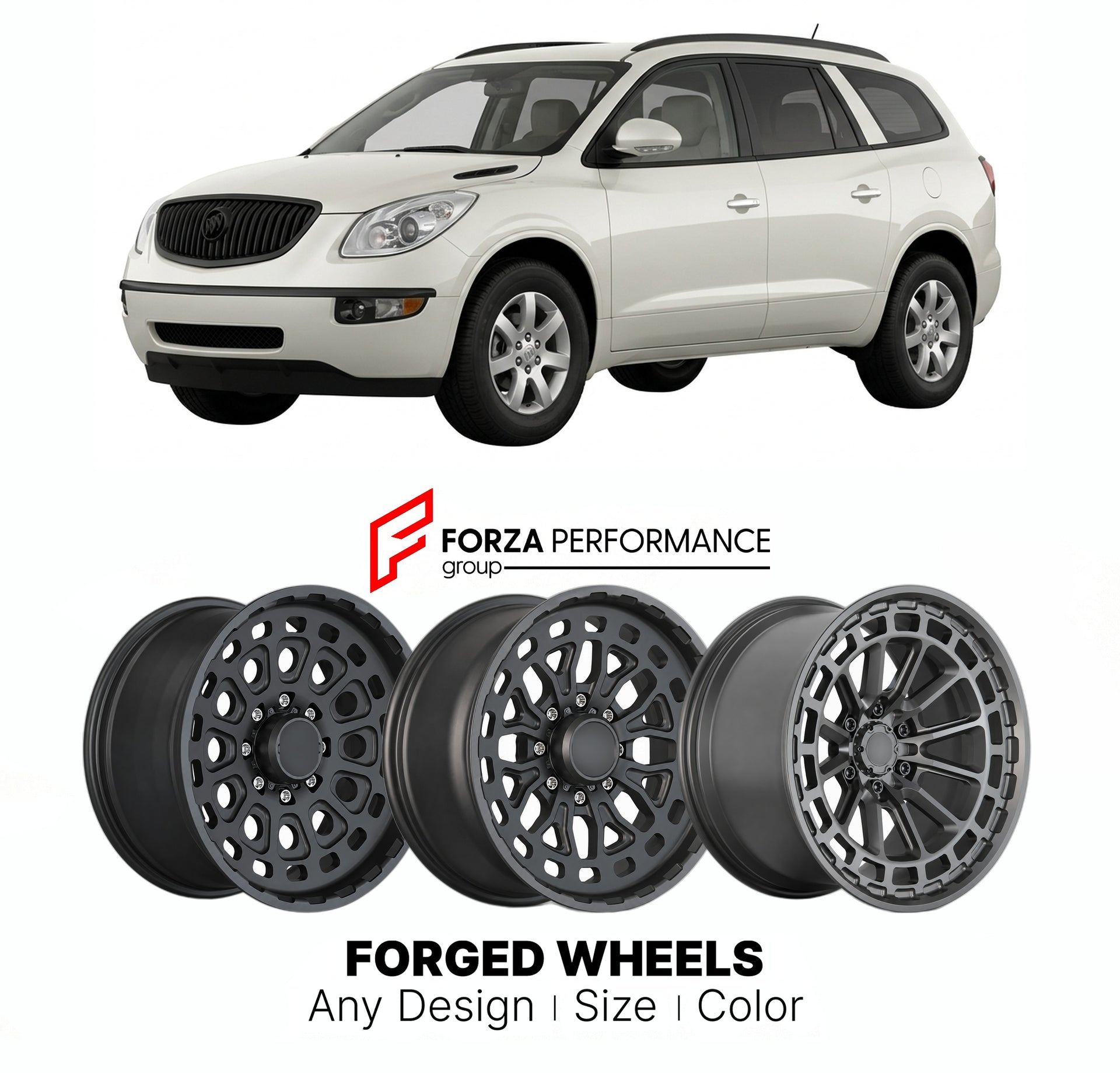 FORGED WHEELS RIMS for BUICK ENCLAVE 2008 - 2017

Custom forged wheels for Buick Enclave 2008 - 2017. Made-to-order monoblock, 2-piece and 3-piece rims in custom sizes, offsets, colors and finishes with guaranteed fitment.

We manufacture premium quality forged wheels rims for Buick Enclave 2008 - 2017 in any design, size, color.

THIS WHEEL DESIGN CAN BE CUSTOM-MADE FOR YOUR CAR IN ANY SIZE AND COLOR OPTIONS
Available in monoblock, 2-piece, 3-piece, duoblock, beadlock
3D wheel renderings are provided accor