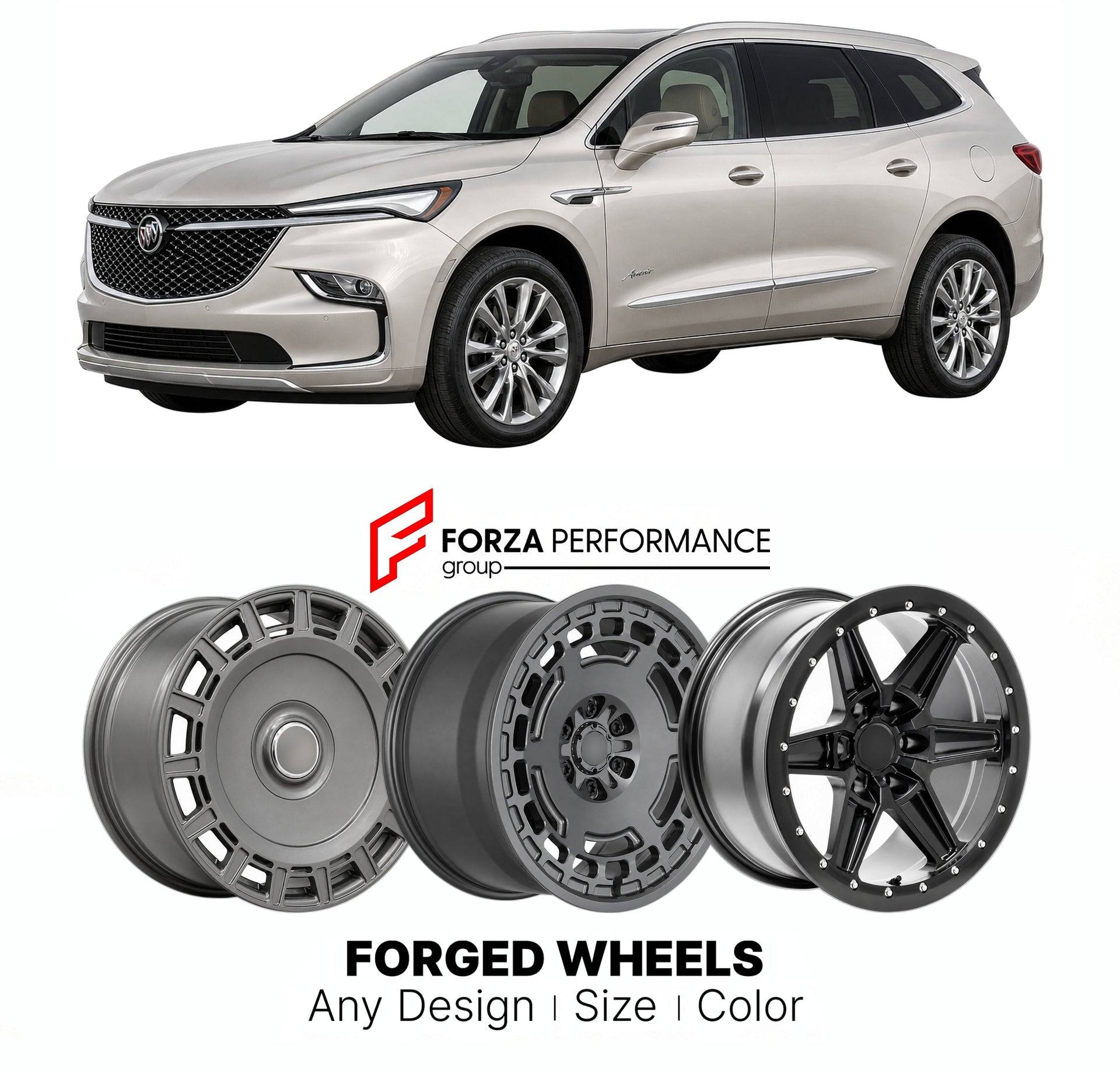 FORGED WHEELS RIMS for BUICK ENCLAVE AVENIR 2008 - 2024

Custom forged wheels for Buick Enclave Avenir 2008 - 2024. Made-to-order monoblock, 2-piece and 3-piece rims in custom sizes, offsets, colors and finishes with guaranteed fitment.

We manufacture premium quality forged wheels rims for Buick Enclave Avenir 2008 - 2024 in any design, size, color.

THIS WHEEL DESIGN CAN BE CUSTOM-MADE FOR YOUR CAR IN ANY SIZE AND COLOR OPTIONS
Available in monoblock, 2-piece, 3-piece, duoblock, beadlock
3D wheel renderin