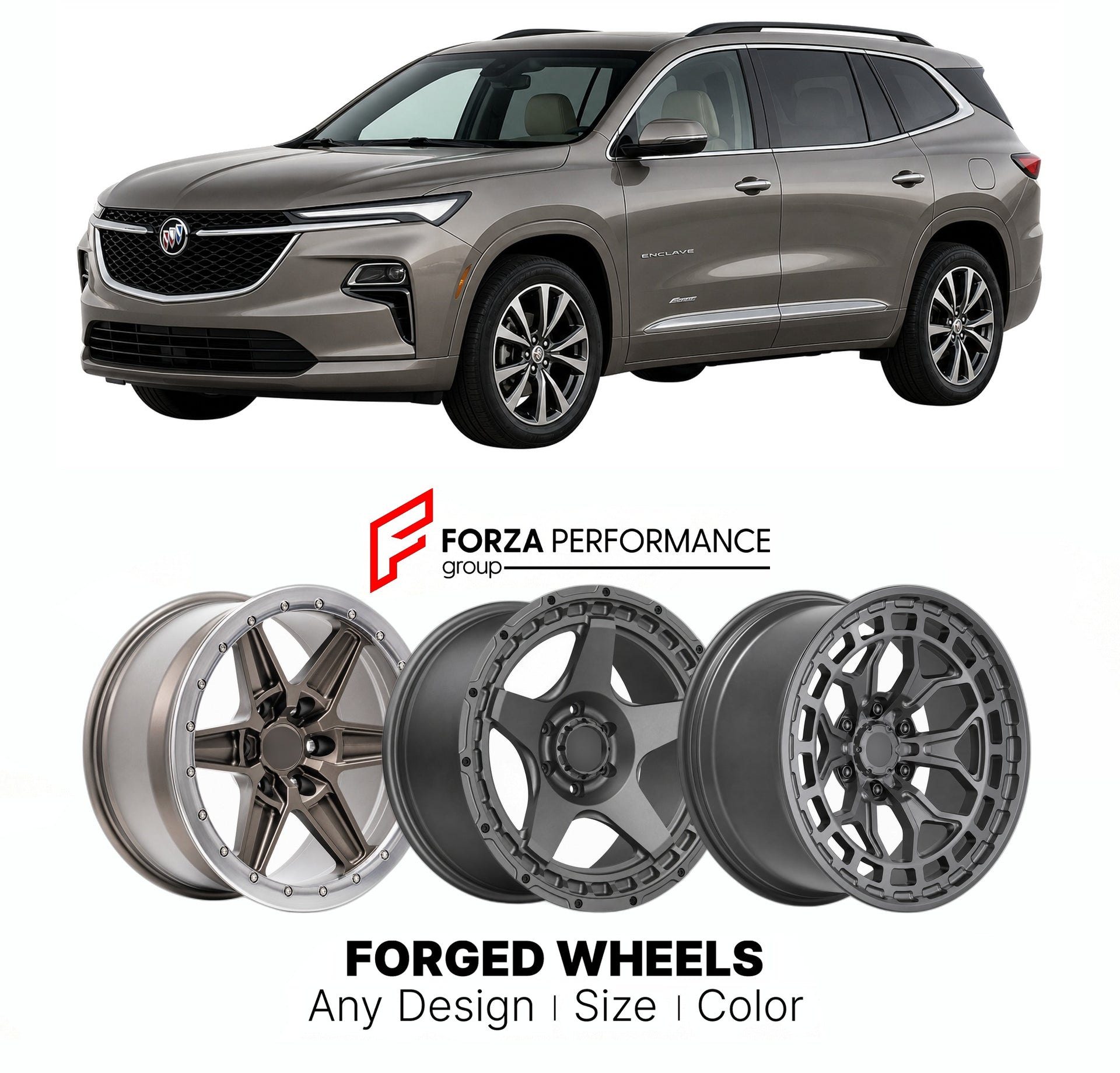 FORGED WHEELS RIMS for BUICK ENCLAVE SPORT TOURING 2008 - 2024

Custom forged wheels for Buick Enclave Sport Touring 2008 - 2024. Made-to-order monoblock, 2-piece and 3-piece rims in custom sizes, offsets, colors and finishes with guaranteed fitment.

We manufacture premium quality forged wheels rims for Buick Enclave Sport Touring 2008 - 2024 in any design, size, color.

THIS WHEEL DESIGN CAN BE CUSTOM-MADE FOR YOUR CAR IN ANY SIZE AND COLOR OPTIONS
Available in monoblock, 2-piece, 3-piece, duoblock, beadl