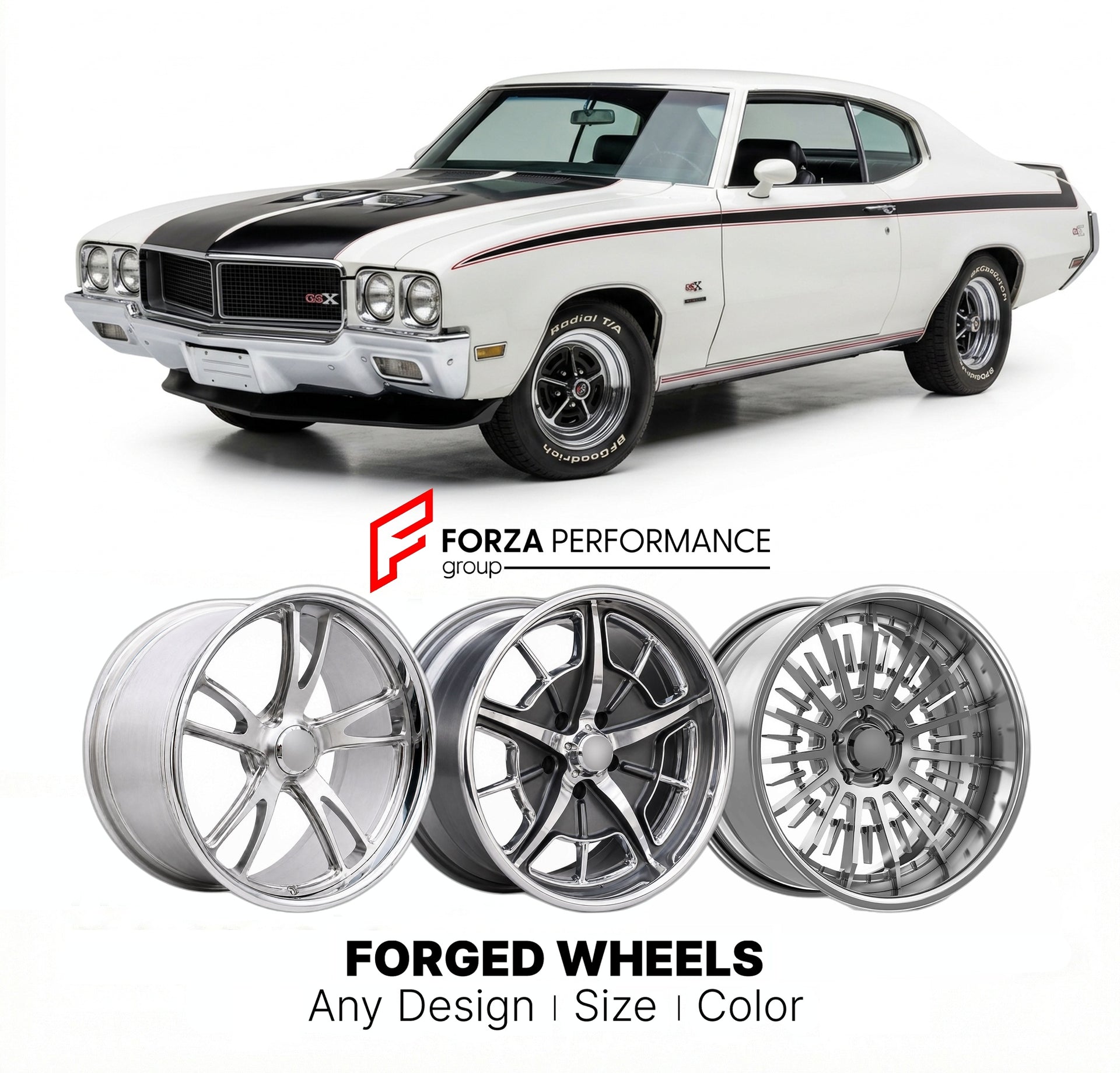 CUSTOM CLASSIC VINTAGE RESTOMOD RETRO OLD SCHOOL FORGED WHEELS RIMS for BUICK GSX 1970 - 1972
Custom forged wheels for classic American muscle cars. Ideal for restomod builds, vintage restorations, and show cars. Deep dish and retro styling available.

We manufacture premium quality forged wheels rims for Buick GSX 1970 - 1972 in any design, size, color.

THIS WHEEL DESIGN CAN BE CUSTOM-MADE FOR YOUR CAR IN ANY SIZE AND COLOR OPTIONS
Available in monoblock, 2-piece, 3-piece, duoblock, beadlock
3D wheel rend