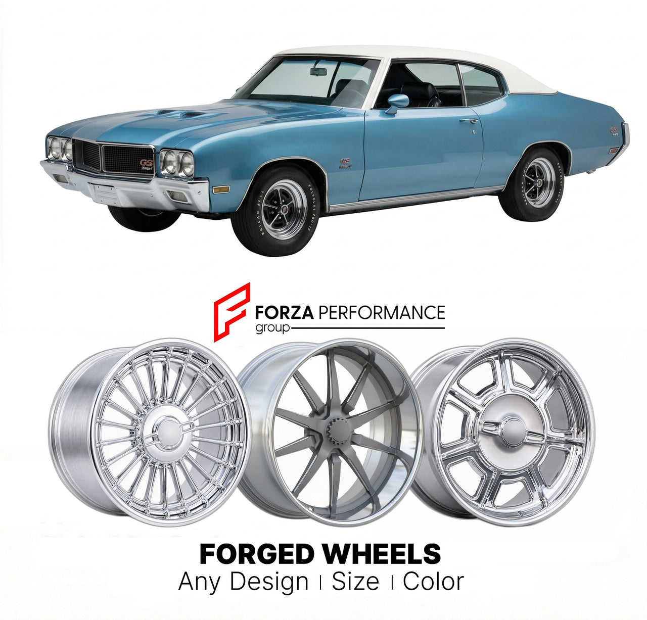 CUSTOM CLASSIC VINTAGE RESTOMOD RETRO OLD SCHOOL FORGED WHEELS RIMS for BUICK GS 1965 - 1972
Custom forged wheels for classic American muscle cars. Ideal for restomod builds, vintage restorations, and show cars. Deep dish and retro styling available.

We manufacture premium quality forged wheels rims for Buick GS 1965 - 1972 in any design, size, color.

THIS WHEEL DESIGN CAN BE CUSTOM-MADE FOR YOUR CAR IN ANY SIZE AND COLOR OPTIONS
Available in monoblock, 2-piece, 3-piece, duoblock, beadlock
3D wheel render