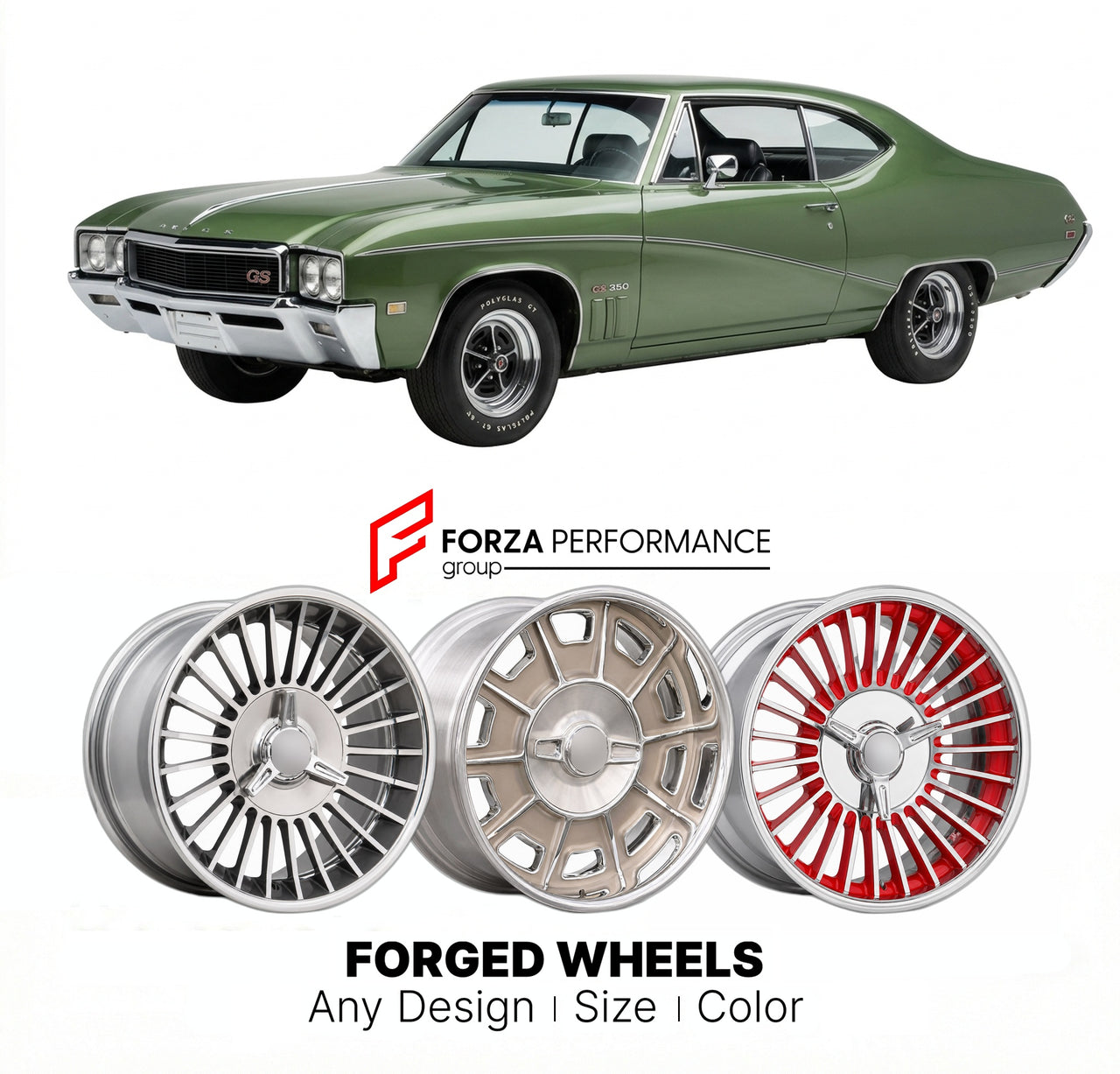 CUSTOM CLASSIC VINTAGE RESTOMOD RETRO OLD SCHOOL FORGED WHEELS RIMS for BUICK GS 350 1969 - 1972
Custom forged wheels for classic American muscle cars. Ideal for restomod builds, vintage restorations, and show cars. Deep dish and retro styling available.

We manufacture premium quality forged wheels rims for Buick GS 350 1969 - 1972 in any design, size, color.

THIS WHEEL DESIGN CAN BE CUSTOM-MADE FOR YOUR CAR IN ANY SIZE AND COLOR OPTIONS
Available in monoblock, 2-piece, 3-piece, duoblock, beadlock
3D whee
