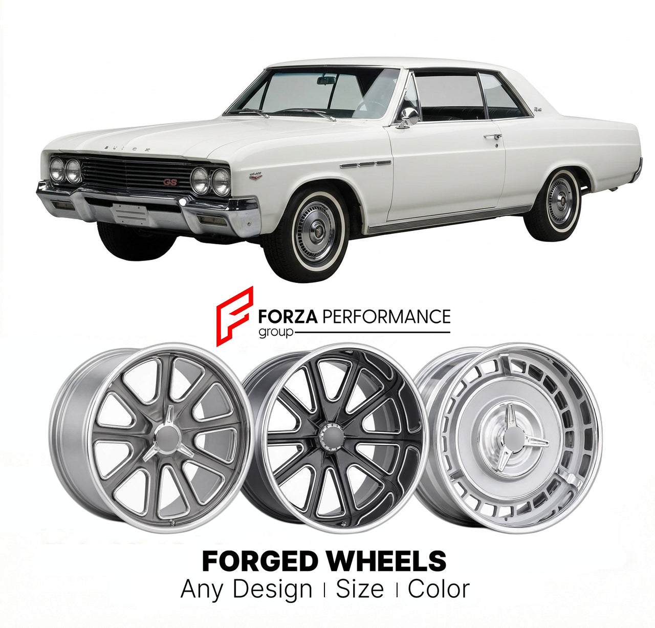 CUSTOM CLASSIC VINTAGE RESTOMOD RETRO OLD SCHOOL FORGED WHEELS RIMS for BUICK GS 400 1965 - 1972
Custom forged wheels for classic American muscle cars. Ideal for restomod builds, vintage restorations, and show cars. Deep dish and retro styling available.

We manufacture premium quality forged wheels rims for Buick GS 400 1965 - 1972 in any design, size, color.

THIS WHEEL DESIGN CAN BE CUSTOM-MADE FOR YOUR CAR IN ANY SIZE AND COLOR OPTIONS
Available in monoblock, 2-piece, 3-piece, duoblock, beadlock
3D whee