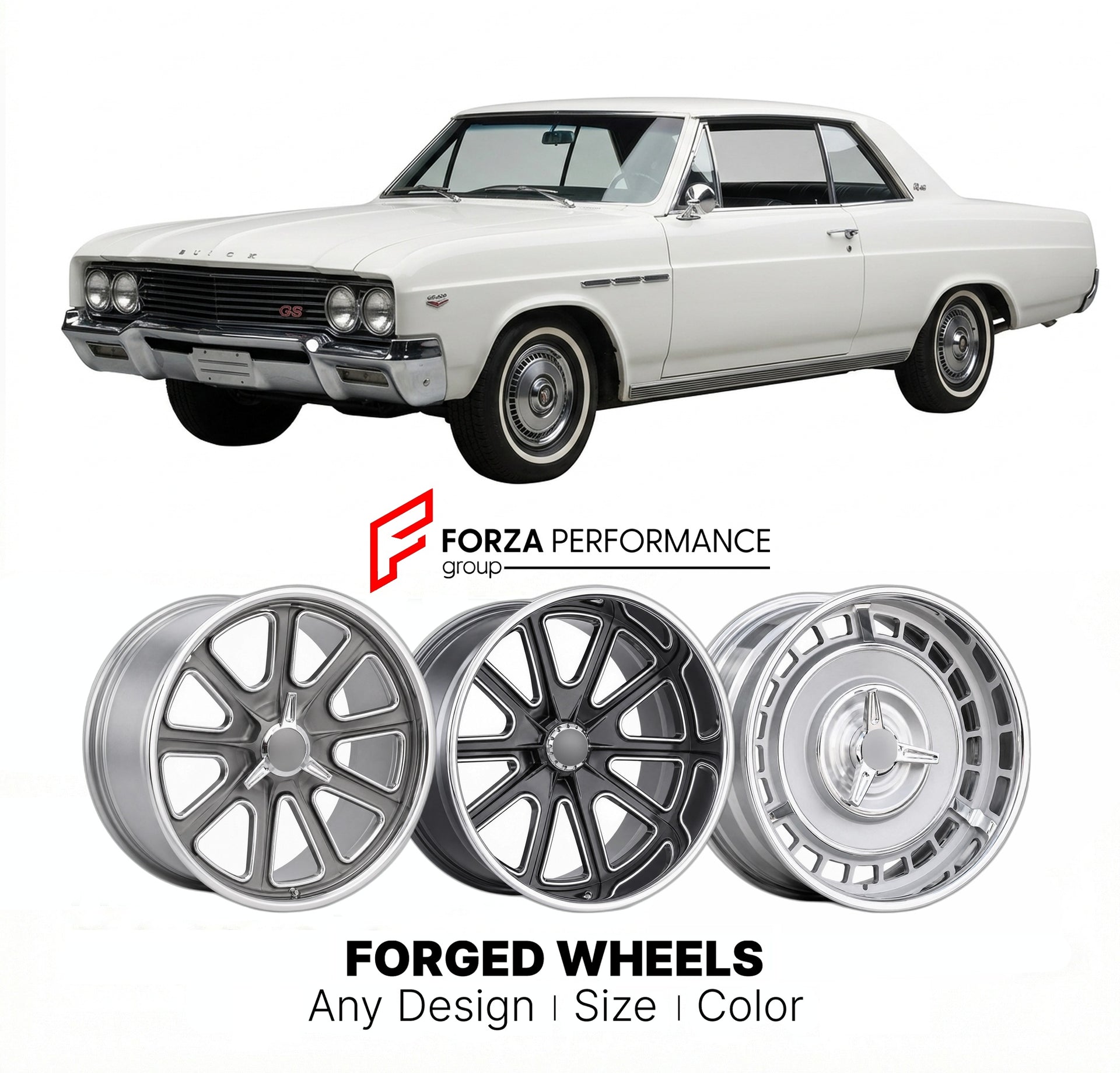 CUSTOM CLASSIC VINTAGE RESTOMOD RETRO OLD SCHOOL FORGED WHEELS RIMS for BUICK GS 400 1965 - 1972
Custom forged wheels for classic American muscle cars. Ideal for restomod builds, vintage restorations, and show cars. Deep dish and retro styling available.

We manufacture premium quality forged wheels rims for Buick GS 400 1965 - 1972 in any design, size, color.

THIS WHEEL DESIGN CAN BE CUSTOM-MADE FOR YOUR CAR IN ANY SIZE AND COLOR OPTIONS
Available in monoblock, 2-piece, 3-piece, duoblock, beadlock
3D whee