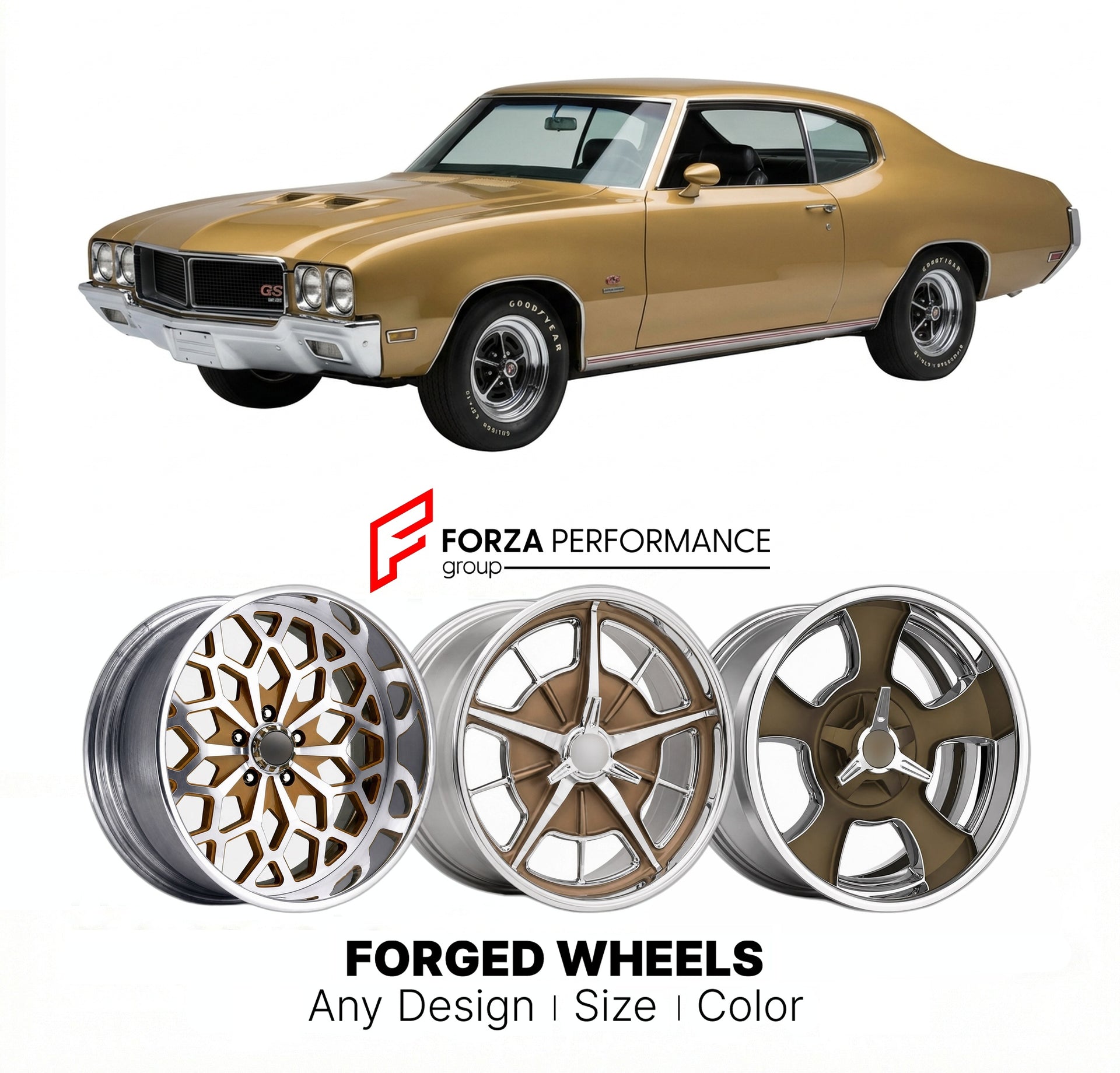 CUSTOM CLASSIC VINTAGE RESTOMOD RETRO OLD SCHOOL FORGED WHEELS RIMS for BUICK GS 455 1970 - 1972
Custom forged wheels for classic American muscle cars. Ideal for restomod builds, vintage restorations, and show cars. Deep dish and retro styling available.

We manufacture premium quality forged wheels rims for Buick GS 455 1970 - 1972 in any design, size, color.

THIS WHEEL DESIGN CAN BE CUSTOM-MADE FOR YOUR CAR IN ANY SIZE AND COLOR OPTIONS
Available in monoblock, 2-piece, 3-piece, duoblock, beadlock
3D whee