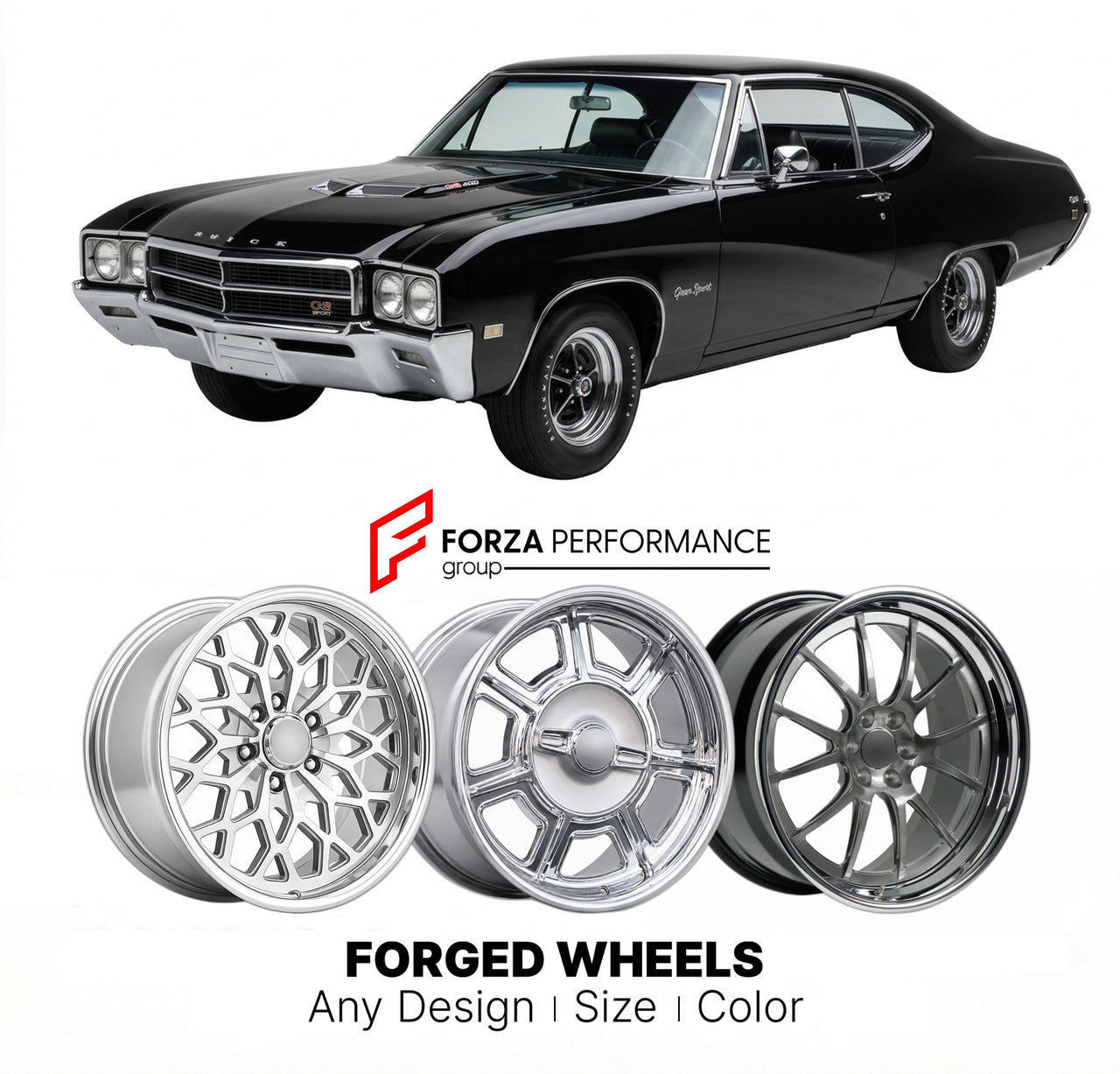 CUSTOM CLASSIC VINTAGE RESTOMOD RETRO OLD SCHOOL FORGED WHEELS RIMS for BUICK GRAN SPORT 1968 - 1969
Custom forged wheels for classic American muscle cars. Ideal for restomod builds, vintage restorations, and show cars. Deep dish and retro styling available.

We manufacture premium quality forged wheels rims for Buick Gran Sport 1968 - 1969 in any design, size, color.

THIS WHEEL DESIGN CAN BE CUSTOM-MADE FOR YOUR CAR IN ANY SIZE AND COLOR OPTIONS
Available in monoblock, 2-piece, 3-piece, duoblock, beadlock
