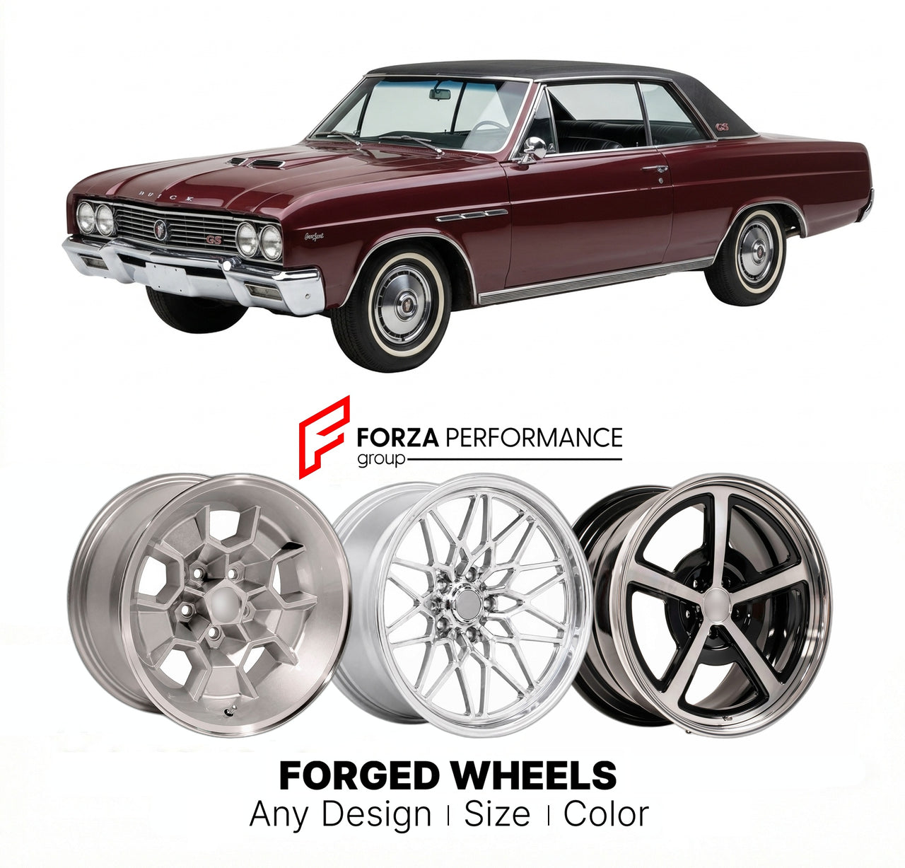 CUSTOM CLASSIC VINTAGE RESTOMOD RETRO OLD SCHOOL FORGED WHEELS RIMS for BUICK GRAN SPORT GS 1965 - 1967
Custom forged wheels for classic American muscle cars. Ideal for restomod builds, vintage restorations, and show cars. Deep dish and retro styling available.

We manufacture premium quality forged wheels rims for Buick Gran Sport GS 1965 - 1967 in any design, size, color.

THIS WHEEL DESIGN CAN BE CUSTOM-MADE FOR YOUR CAR IN ANY SIZE AND COLOR OPTIONS
Available in monoblock, 2-piece, 3-piece, duoblock, be