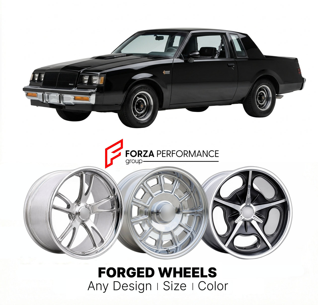 CUSTOM CLASSIC VINTAGE RESTOMOD RETRO OLD SCHOOL FORGED WHEELS RIMS for BUICK GRAND NATIONAL 1982 - 1987
Custom forged wheels for classic American muscle cars. Ideal for restomod builds, vintage restorations, and show cars. Deep dish and retro styling available.

We manufacture premium quality forged wheels rims for Buick Grand National 1982 - 1987 in any design, size, color.

THIS WHEEL DESIGN CAN BE CUSTOM-MADE FOR YOUR CAR IN ANY SIZE AND COLOR OPTIONS
Available in monoblock, 2-piece, 3-piece, duoblock, 