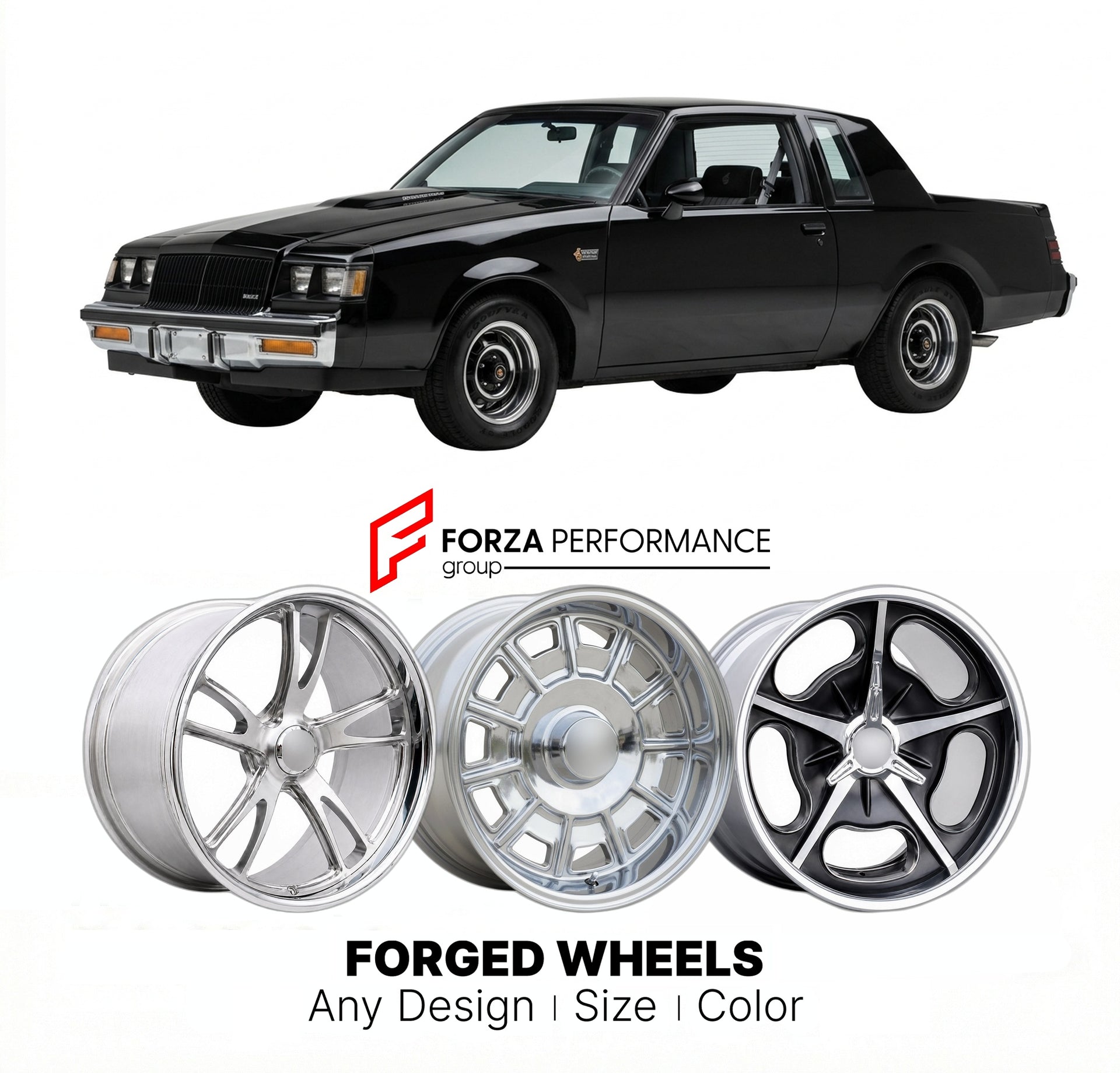 CUSTOM CLASSIC VINTAGE RESTOMOD RETRO OLD SCHOOL FORGED WHEELS RIMS for BUICK GRAND NATIONAL 1982 - 1987
Custom forged wheels for classic American muscle cars. Ideal for restomod builds, vintage restorations, and show cars. Deep dish and retro styling available.

We manufacture premium quality forged wheels rims for Buick Grand National 1982 - 1987 in any design, size, color.

THIS WHEEL DESIGN CAN BE CUSTOM-MADE FOR YOUR CAR IN ANY SIZE AND COLOR OPTIONS
Available in monoblock, 2-piece, 3-piece, duoblock, 