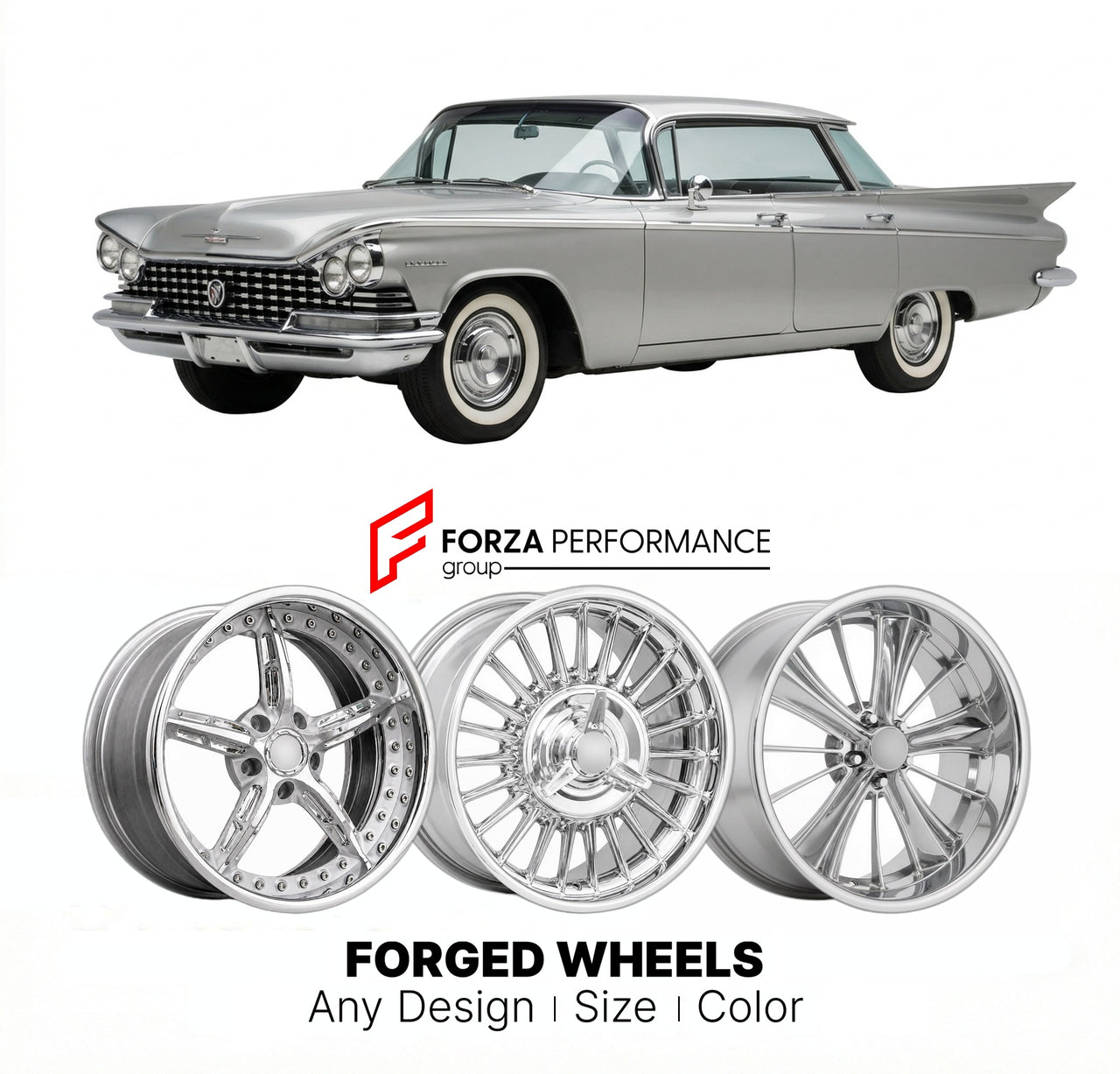 CUSTOM CLASSIC VINTAGE RESTOMOD RETRO OLD SCHOOL FORGED WHEELS RIMS for BUICK INVICTA 1959 - 1963
Custom forged wheels for classic American muscle cars. Ideal for restomod builds, vintage restorations, and show cars. Deep dish and retro styling available.

We manufacture premium quality forged wheels rims for Buick Invicta 1959 - 1963 in any design, size, color.

THIS WHEEL DESIGN CAN BE CUSTOM-MADE FOR YOUR CAR IN ANY SIZE AND COLOR OPTIONS
Available in monoblock, 2-piece, 3-piece, duoblock, beadlock
3D wh