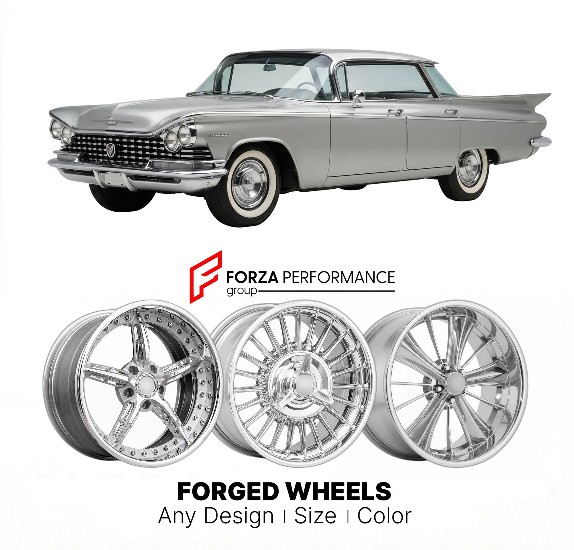 CUSTOM CLASSIC VINTAGE RESTOMOD RETRO OLD SCHOOL FORGED WHEELS RIMS for BUICK INVICTA 1959 - 1963
Custom forged wheels for classic American muscle cars. Ideal for restomod builds, vintage restorations, and show cars. Deep dish and retro styling available.

We manufacture premium quality forged wheels rims for Buick Invicta 1959 - 1963 in any design, size, color.

THIS WHEEL DESIGN CAN BE CUSTOM-MADE FOR YOUR CAR IN ANY SIZE AND COLOR OPTIONS
Available in monoblock, 2-piece, 3-piece, duoblock, beadlock
3D wh