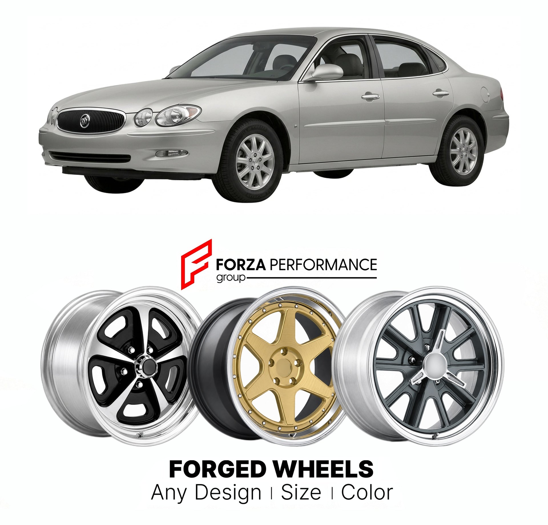 FORGED WHEELS RIMS for BUICK LACROSSE 2005 - 2009

Custom forged wheels for Buick LaCrosse 2005 - 2009. Made-to-order monoblock, 2-piece and 3-piece rims in custom sizes, offsets, colors and finishes with guaranteed fitment.

We manufacture premium quality forged wheels rims for Buick LaCrosse 2005 - 2009 in any design, size, color.

THIS WHEEL DESIGN CAN BE CUSTOM-MADE FOR YOUR CAR IN ANY SIZE AND COLOR OPTIONS
Available in monoblock, 2-piece, 3-piece, duoblock, beadlock
3D wheel renderings are provided ac