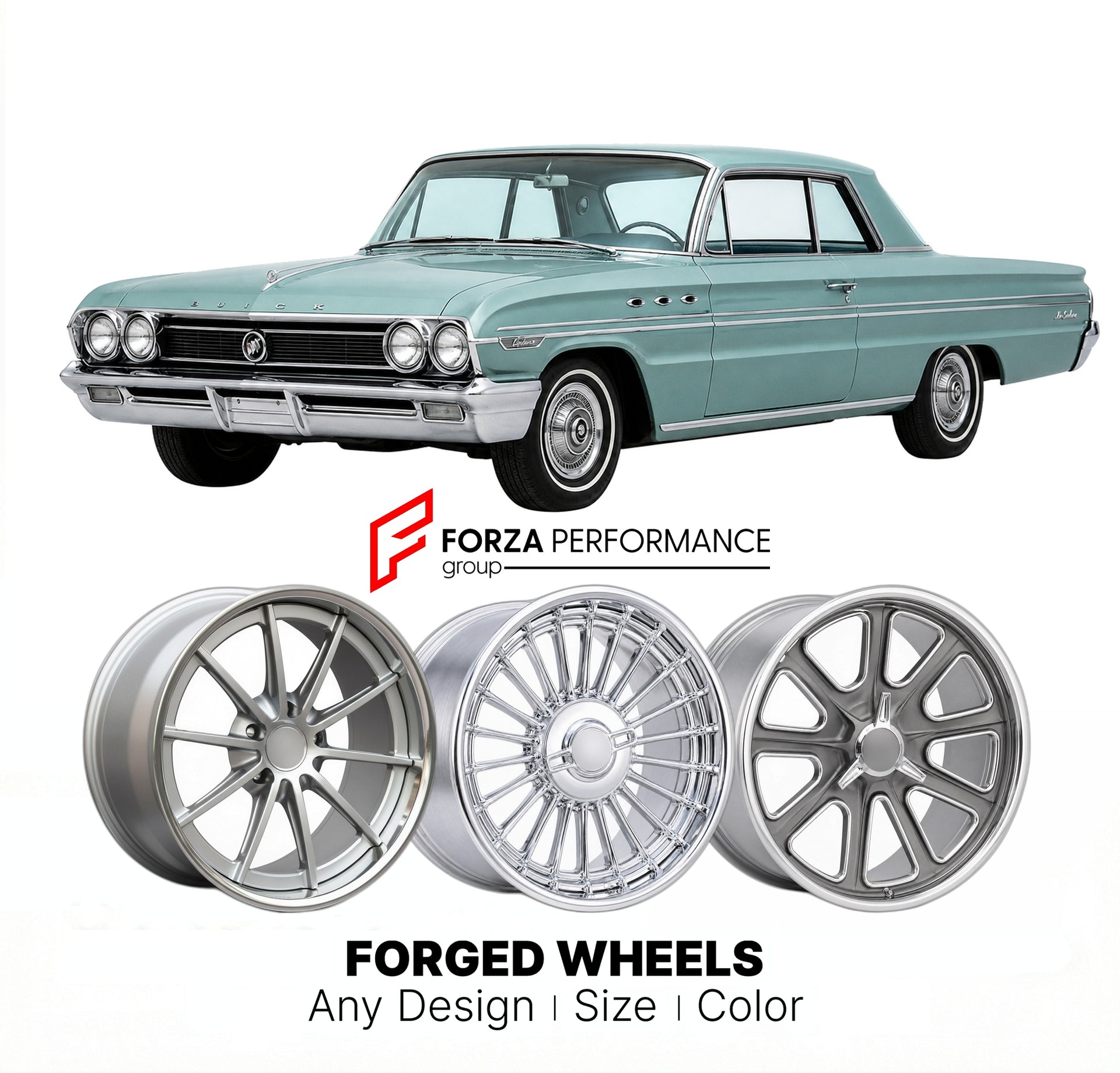 CUSTOM CLASSIC VINTAGE RESTOMOD RETRO OLD SCHOOL FORGED WHEELS RIMS for BUICK LESABRE 1961 - 1964
Custom forged wheels for classic American muscle cars. Ideal for restomod builds, vintage restorations, and show cars. Deep dish and retro styling available.

We manufacture premium quality forged wheels rims for Buick LeSabre 1961 - 1964 in any design, size, color.

THIS WHEEL DESIGN CAN BE CUSTOM-MADE FOR YOUR CAR IN ANY SIZE AND COLOR OPTIONS
Available in monoblock, 2-piece, 3-piece, duoblock, beadlock
3D wh
