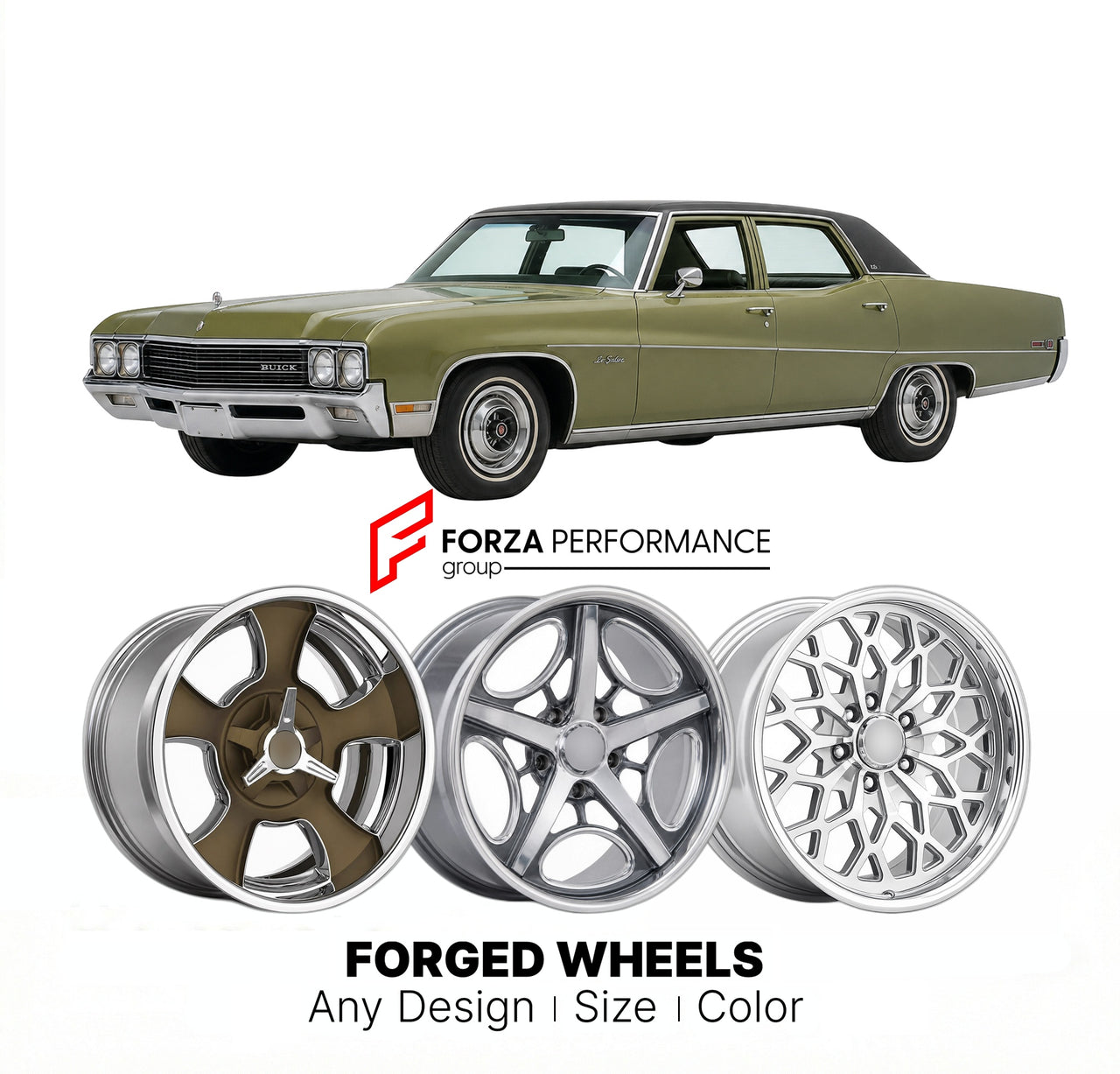 CUSTOM CLASSIC VINTAGE RESTOMOD RETRO OLD SCHOOL FORGED WHEELS RIMS for BUICK LESABRE 1971 - 1976
Custom forged wheels for classic American muscle cars. Ideal for restomod builds, vintage restorations, and show cars. Deep dish and retro styling available.

We manufacture premium quality forged wheels rims for Buick LeSabre 1971 - 1976 in any design, size, color.

THIS WHEEL DESIGN CAN BE CUSTOM-MADE FOR YOUR CAR IN ANY SIZE AND COLOR OPTIONS
Available in monoblock, 2-piece, 3-piece, duoblock, beadlock
3D wh