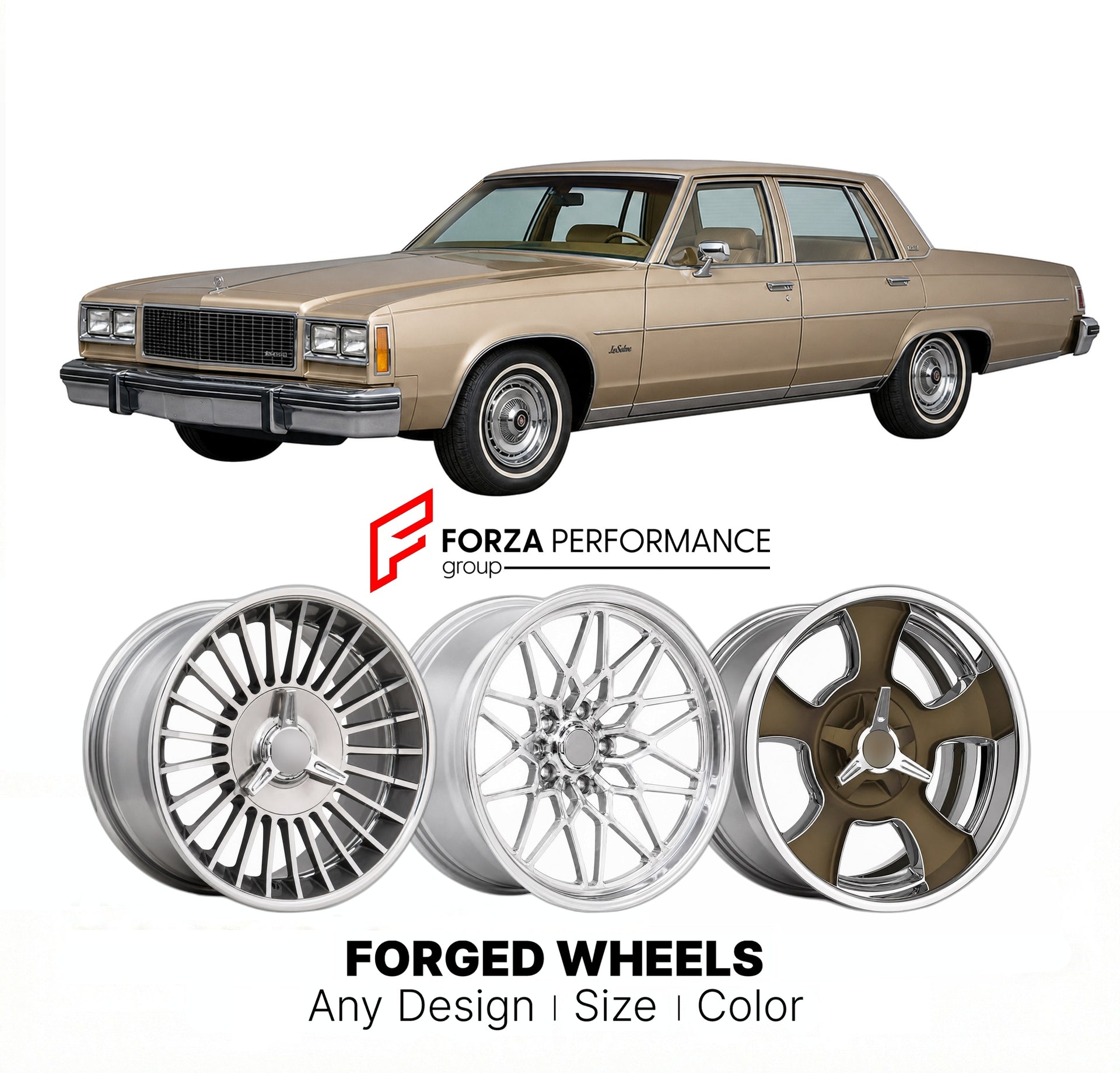 CUSTOM CLASSIC VINTAGE RESTOMOD RETRO OLD SCHOOL FORGED WHEELS RIMS for BUICK LESABRE 1977 - 1985
Custom forged wheels for classic American muscle cars. Ideal for restomod builds, vintage restorations, and show cars. Deep dish and retro styling available.

We manufacture premium quality forged wheels rims for Buick LeSabre 1977 - 1985 in any design, size, color.

THIS WHEEL DESIGN CAN BE CUSTOM-MADE FOR YOUR CAR IN ANY SIZE AND COLOR OPTIONS
Available in monoblock, 2-piece, 3-piece, duoblock, beadlock
3D wh