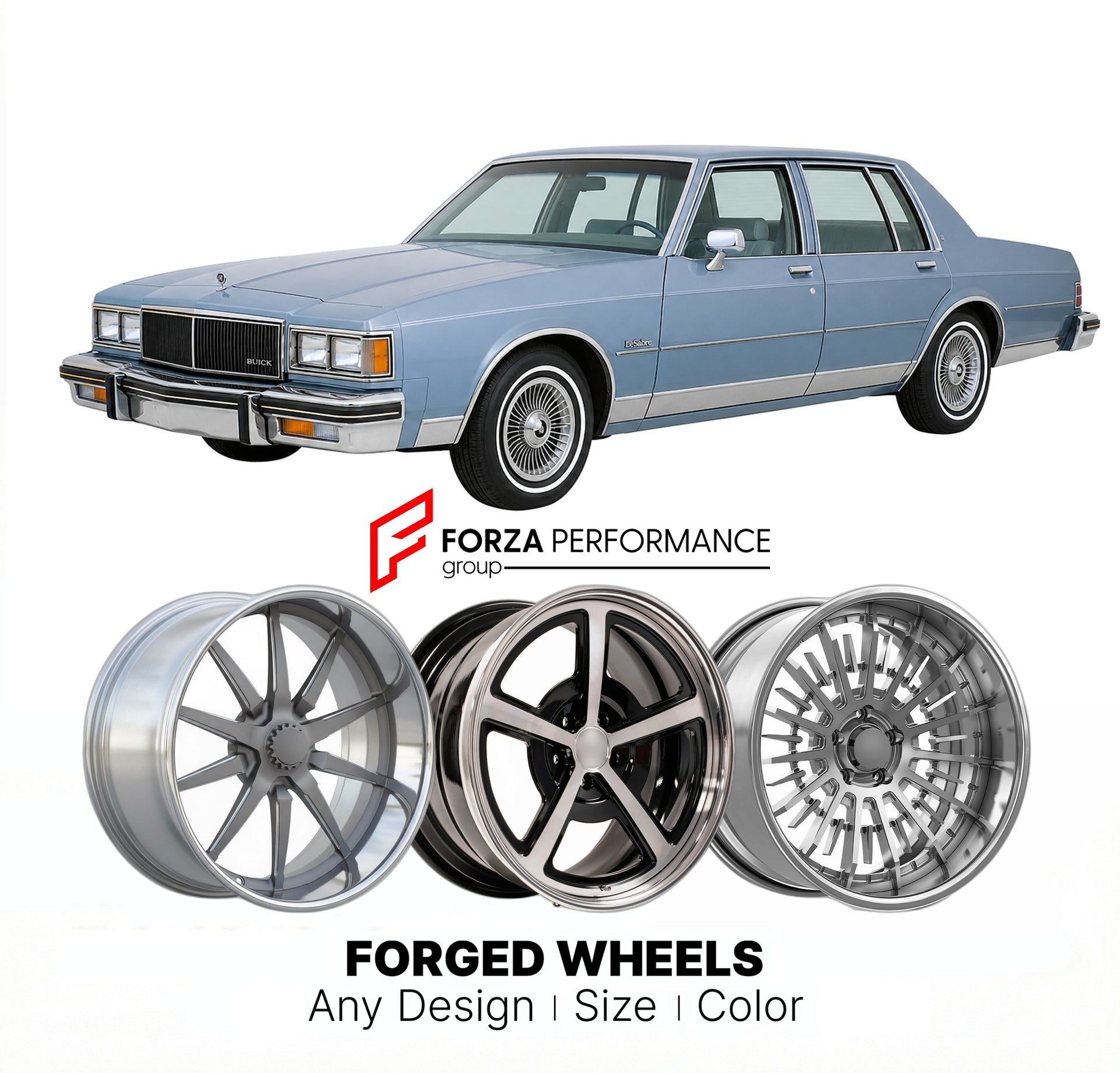 CUSTOM CLASSIC VINTAGE RESTOMOD RETRO OLD SCHOOL FORGED WHEELS RIMS for BUICK LESABRE 1986 - 1990
Custom forged wheels for classic American muscle cars. Ideal for restomod builds, vintage restorations, and show cars. Deep dish and retro styling available.

We manufacture premium quality forged wheels rims for Buick LeSabre 1986 - 1990 in any design, size, color.

THIS WHEEL DESIGN CAN BE CUSTOM-MADE FOR YOUR CAR IN ANY SIZE AND COLOR OPTIONS
Available in monoblock, 2-piece, 3-piece, duoblock, beadlock
3D wh