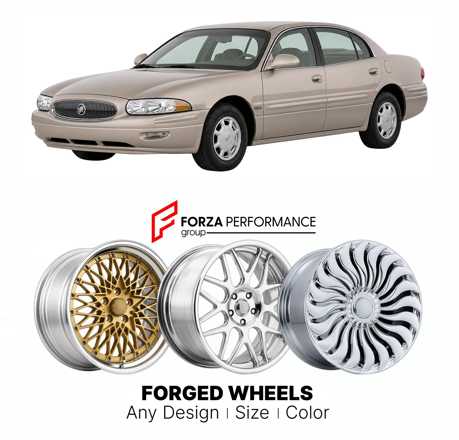FORGED WHEELS RIMS for BUICK LESABRE 2000 - 2005

Custom forged wheels for Buick LeSabre 2000 - 2005. Made-to-order monoblock, 2-piece and 3-piece rims in custom sizes, offsets, colors and finishes with guaranteed fitment.

We manufacture premium quality forged wheels rims for Buick LeSabre 2000 - 2005 in any design, size, color.

THIS WHEEL DESIGN CAN BE CUSTOM-MADE FOR YOUR CAR IN ANY SIZE AND COLOR OPTIONS
Available in monoblock, 2-piece, 3-piece, duoblock, beadlock
3D wheel renderings are provided accor