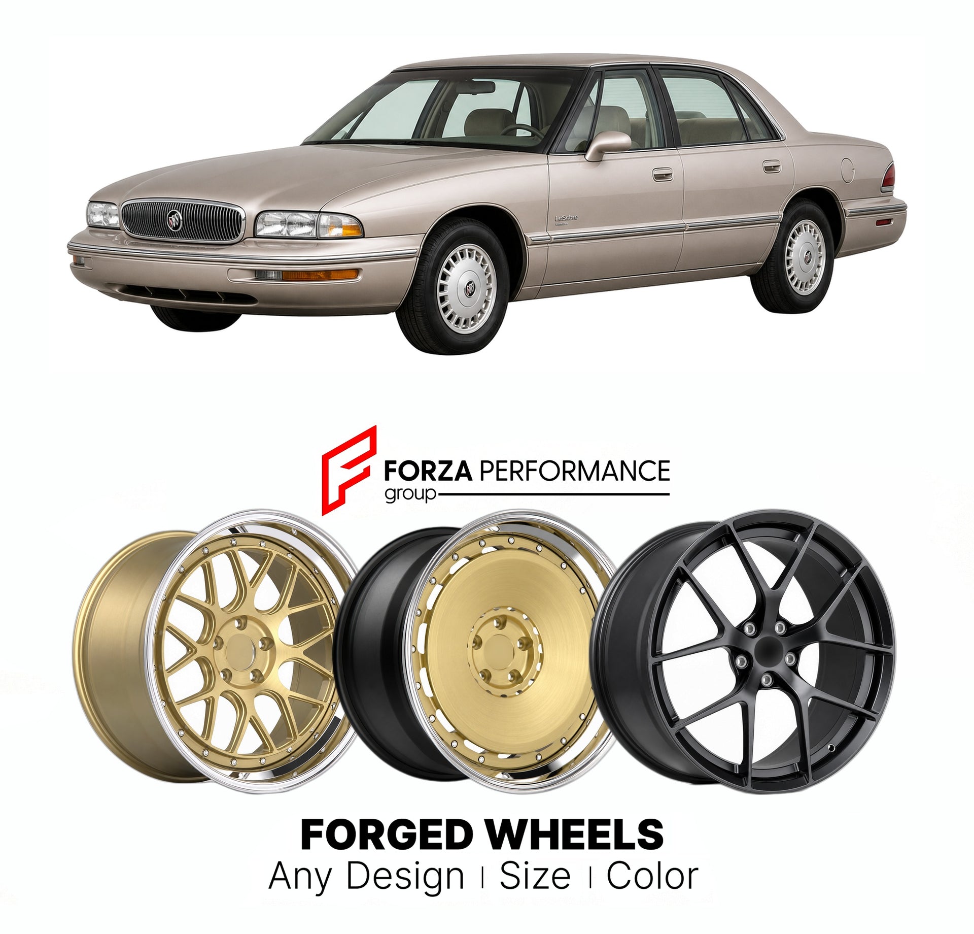 FORGED WHEELS RIMS for BUICK LESABRE LIMITED 1990 - 2005

Custom forged wheels for Buick LeSabre Limited 1990 - 2005. Made-to-order monoblock, 2-piece and 3-piece rims in custom sizes, offsets, colors and finishes with guaranteed fitment.

We manufacture premium quality forged wheels rims for Buick LeSabre Limited 1990 - 2005 in any design, size, color.

THIS WHEEL DESIGN CAN BE CUSTOM-MADE FOR YOUR CAR IN ANY SIZE AND COLOR OPTIONS
Available in monoblock, 2-piece, 3-piece, duoblock, beadlock
3D wheel rende