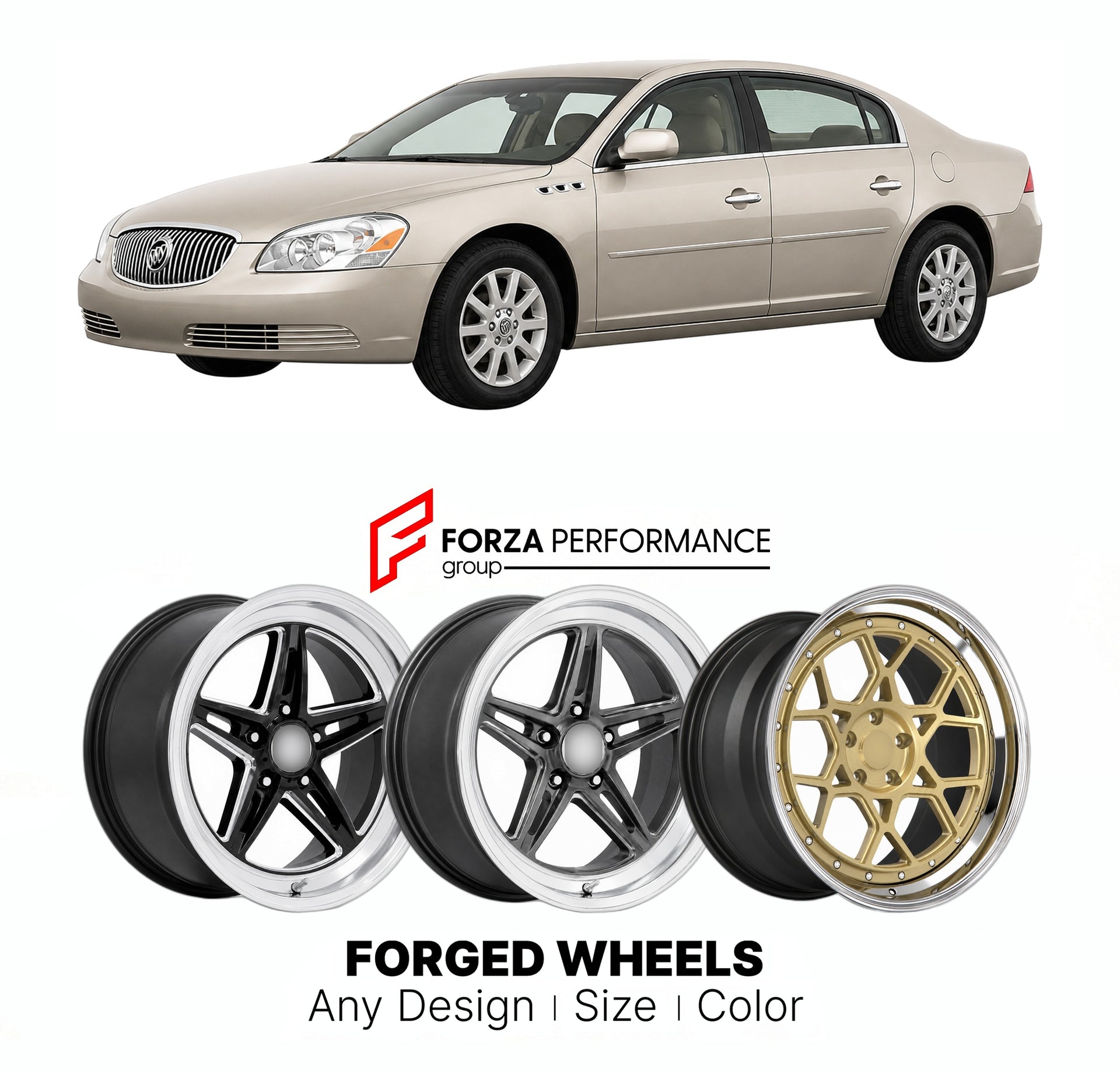 FORGED WHEELS RIMS for BUICK LUCERNE CX 2006 - 2011

Custom forged wheels for Buick Lucerne CX 2006 - 2011. Made-to-order monoblock, 2-piece and 3-piece rims in custom sizes, offsets, colors and finishes with guaranteed fitment.

We manufacture premium quality forged wheels rims for Buick Lucerne CX 2006 - 2011 in any design, size, color.

THIS WHEEL DESIGN CAN BE CUSTOM-MADE FOR YOUR CAR IN ANY SIZE AND COLOR OPTIONS
Available in monoblock, 2-piece, 3-piece, duoblock, beadlock
3D wheel renderings are provi