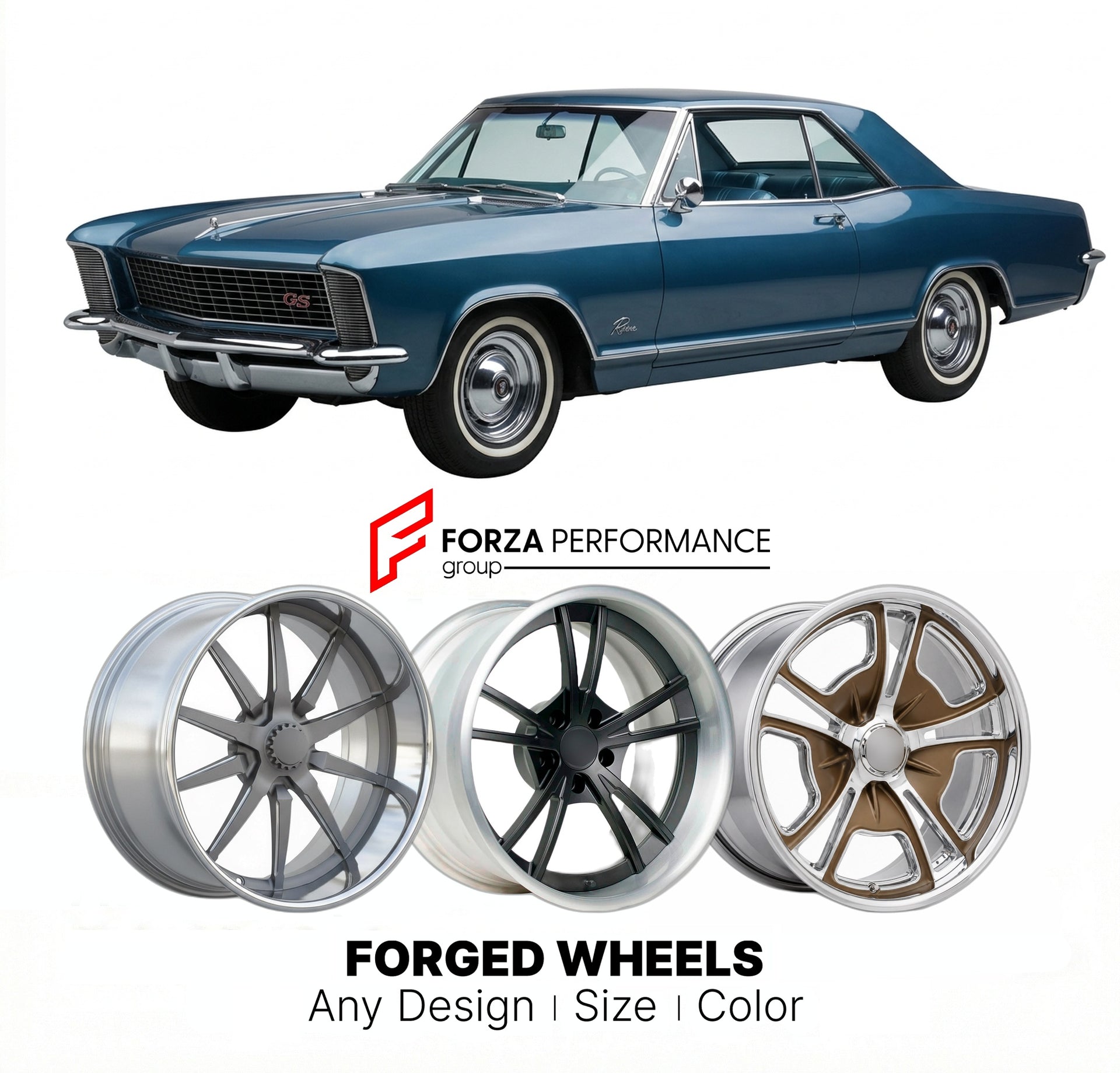CUSTOM CLASSIC VINTAGE RESTOMOD RETRO OLD SCHOOL FORGED WHEELS RIMS for BUICK RS 1965 - 1968
Custom forged wheels for classic American muscle cars. Ideal for restomod builds, vintage restorations, and show cars. Deep dish and retro styling available.

We manufacture premium quality forged wheels rims for Buick RS 1965 - 1968 in any design, size, color.

THIS WHEEL DESIGN CAN BE CUSTOM-MADE FOR YOUR CAR IN ANY SIZE AND COLOR OPTIONS
Available in monoblock, 2-piece, 3-piece, duoblock, beadlock
3D wheel render