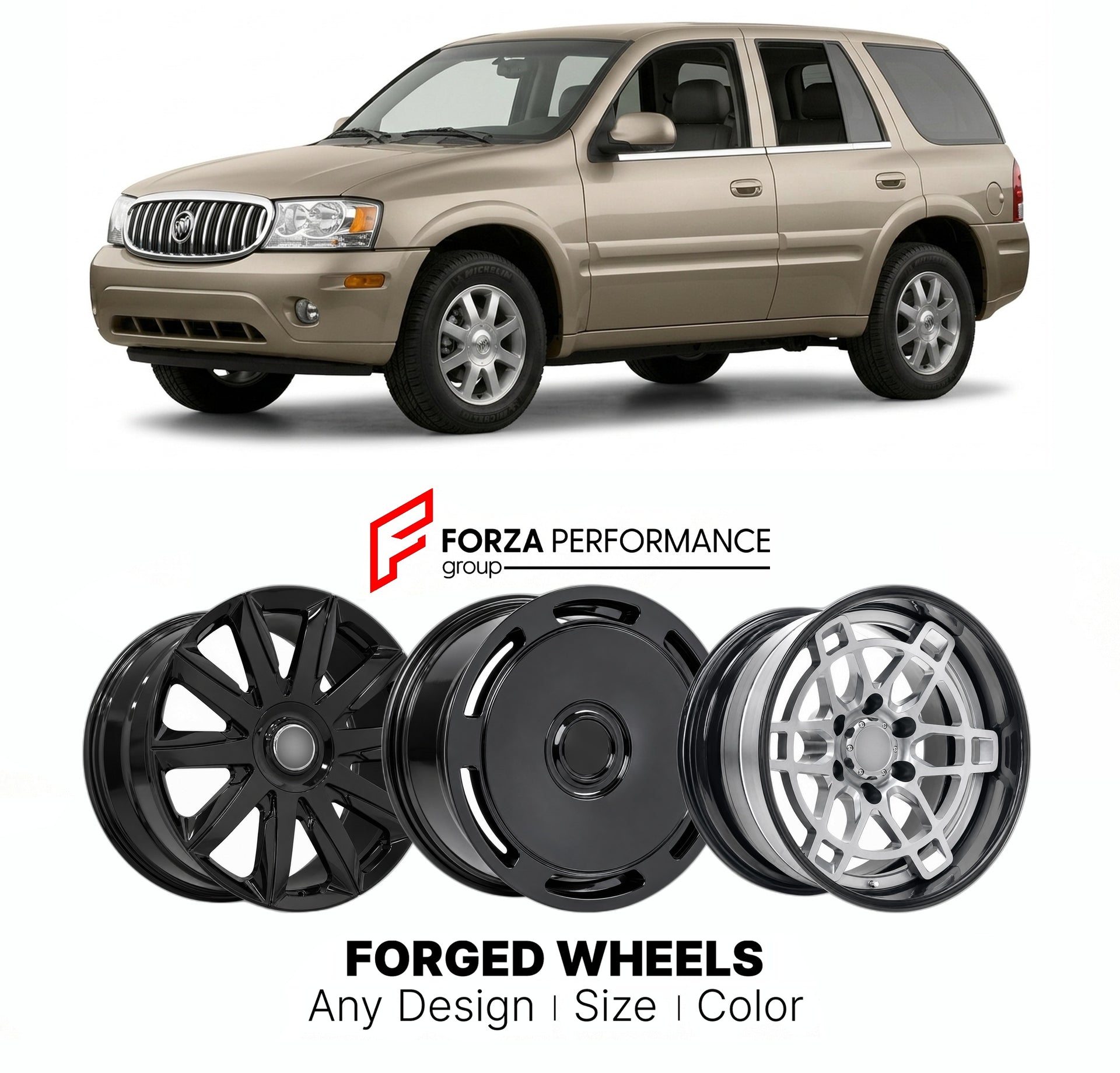 FORGED WHEELS RIMS for BUICK RAINIER 2004 - 2007

Custom forged wheels for Buick Rainier 2004 - 2007. Made-to-order monoblock, 2-piece and 3-piece rims in custom sizes, offsets, colors and finishes with guaranteed fitment.

We manufacture premium quality forged wheels rims for Buick Rainier 2004 - 2007 in any design, size, color.

THIS WHEEL DESIGN CAN BE CUSTOM-MADE FOR YOUR CAR IN ANY SIZE AND COLOR OPTIONS
Available in monoblock, 2-piece, 3-piece, duoblock, beadlock
3D wheel renderings are provided accor