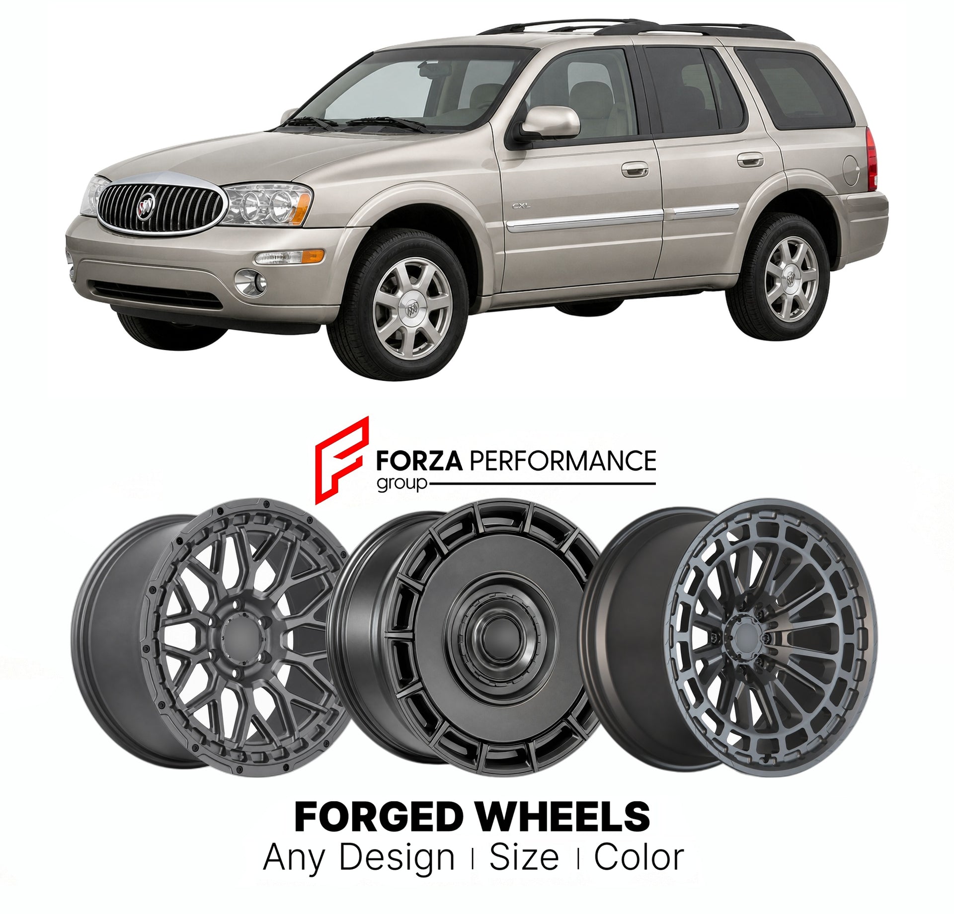FORGED WHEELS RIMS for BUICK RAINIER CXL 2004 - 2007

Custom forged wheels for Buick Rainier CXL 2004 - 2007. Made-to-order monoblock, 2-piece and 3-piece rims in custom sizes, offsets, colors and finishes with guaranteed fitment.

We manufacture premium quality forged wheels rims for Buick Rainier CXL 2004 - 2007 in any design, size, color.

THIS WHEEL DESIGN CAN BE CUSTOM-MADE FOR YOUR CAR IN ANY SIZE AND COLOR OPTIONS
Available in monoblock, 2-piece, 3-piece, duoblock, beadlock
3D wheel renderings are pr