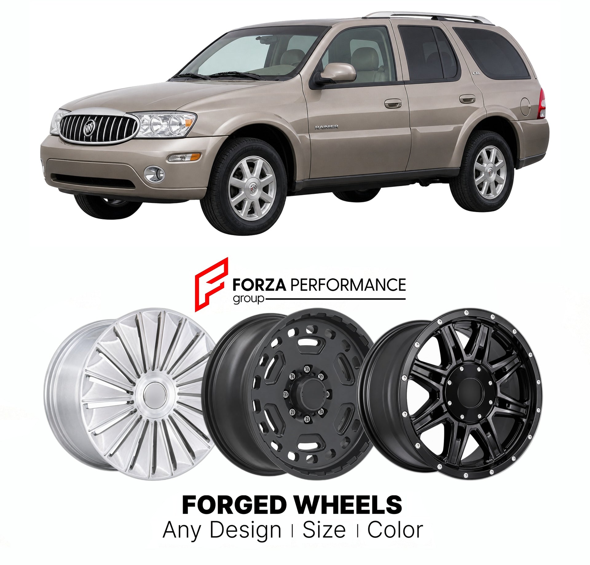 FORGED WHEELS RIMS for BUICK RAINIER CXL PLUS 2004 - 2007

Custom forged wheels for Buick Rainier CXL Plus 2004 - 2007. Made-to-order monoblock, 2-piece and 3-piece rims in custom sizes, offsets, colors and finishes with guaranteed fitment.

We manufacture premium quality forged wheels rims for Buick Rainier CXL Plus 2004 - 2007 in any design, size, color.

THIS WHEEL DESIGN CAN BE CUSTOM-MADE FOR YOUR CAR IN ANY SIZE AND COLOR OPTIONS
Available in monoblock, 2-piece, 3-piece, duoblock, beadlock
3D wheel re