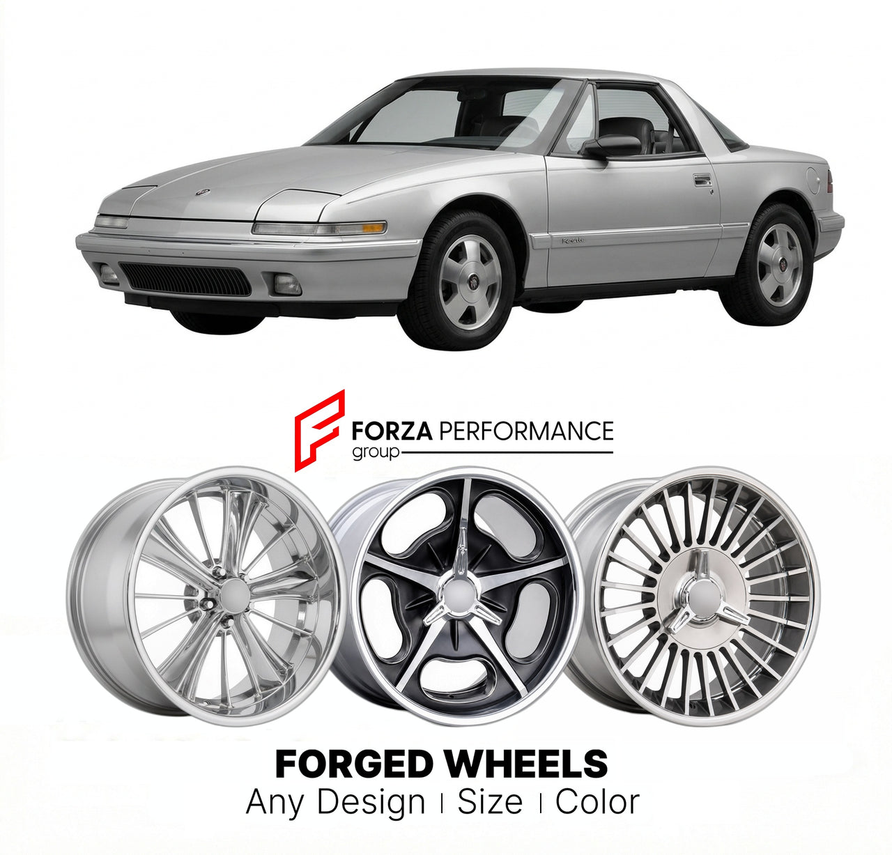 CUSTOM CLASSIC VINTAGE RESTOMOD RETRO OLD SCHOOL FORGED WHEELS RIMS for BUICK REATTA 1988 - 1990
Custom forged wheels for classic American muscle cars. Ideal for restomod builds, vintage restorations, and show cars. Deep dish and retro styling available.

We manufacture premium quality forged wheels rims for Buick Reatta 1988 - 1990 in any design, size, color.

THIS WHEEL DESIGN CAN BE CUSTOM-MADE FOR YOUR CAR IN ANY SIZE AND COLOR OPTIONS
Available in monoblock, 2-piece, 3-piece, duoblock, beadlock
3D whee