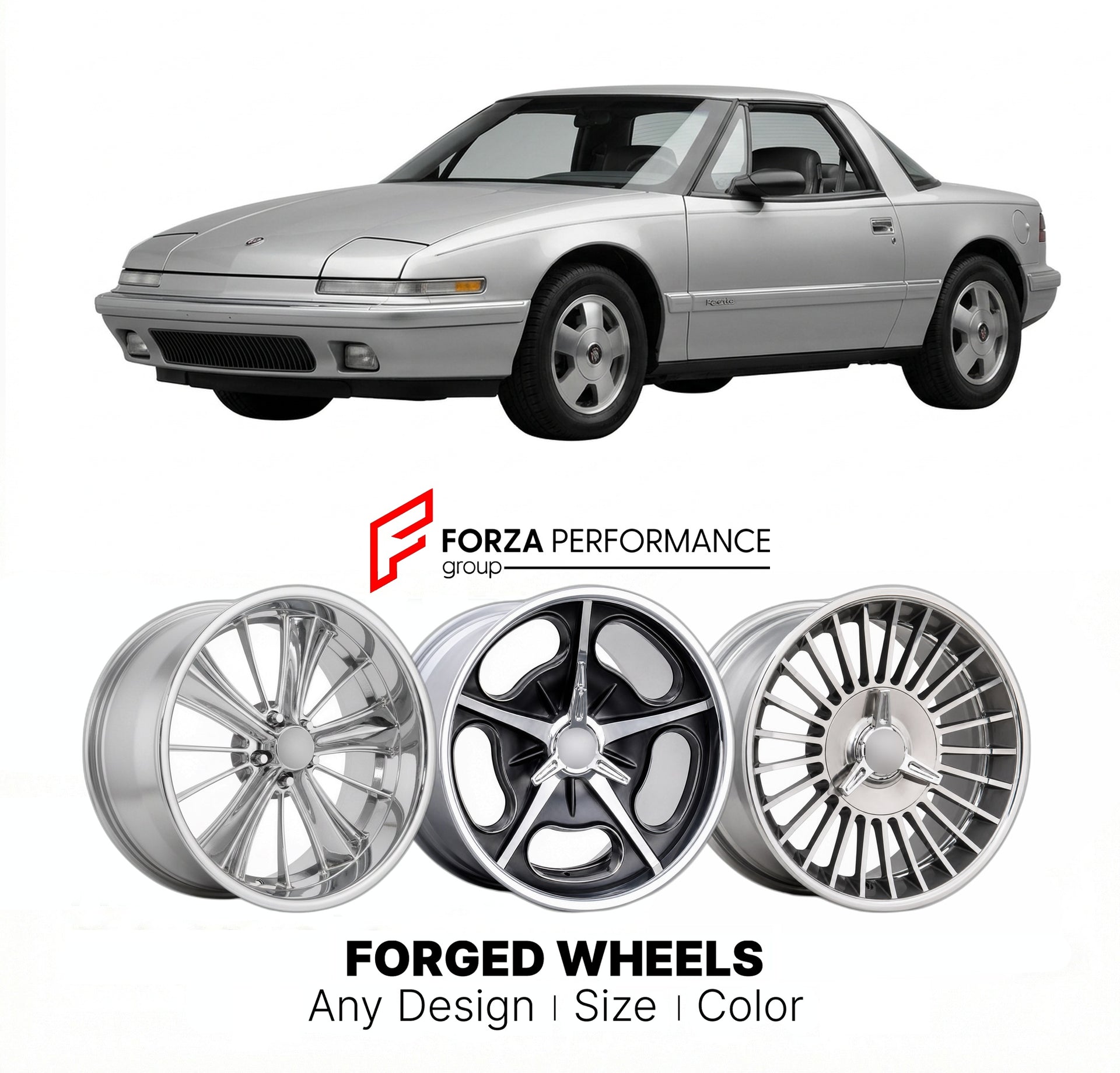 CUSTOM CLASSIC VINTAGE RESTOMOD RETRO OLD SCHOOL FORGED WHEELS RIMS for BUICK REATTA 1988 - 1990
Custom forged wheels for classic American muscle cars. Ideal for restomod builds, vintage restorations, and show cars. Deep dish and retro styling available.

We manufacture premium quality forged wheels rims for Buick Reatta 1988 - 1990 in any design, size, color.

THIS WHEEL DESIGN CAN BE CUSTOM-MADE FOR YOUR CAR IN ANY SIZE AND COLOR OPTIONS
Available in monoblock, 2-piece, 3-piece, duoblock, beadlock
3D whee