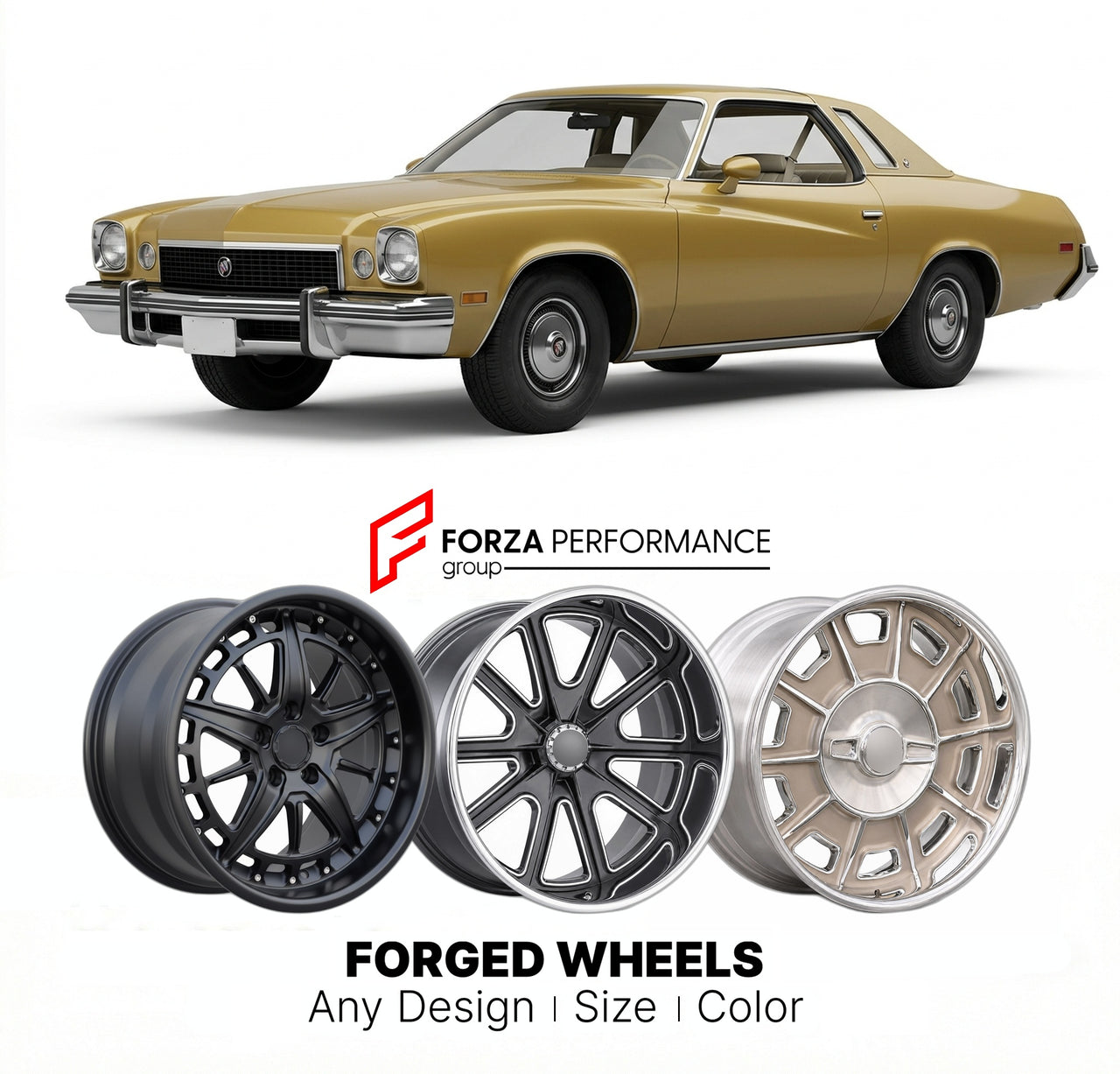 CUSTOM CLASSIC VINTAGE RESTOMOD RETRO OLD SCHOOL FORGED WHEELS RIMS for BUICK REGAL 1973 - 1977
Custom forged wheels for classic American muscle cars. Ideal for restomod builds, vintage restorations, and show cars. Deep dish and retro styling available.

We manufacture premium quality forged wheels rims for Buick Regal 1973 - 1977 in any design, size, color.

THIS WHEEL DESIGN CAN BE CUSTOM-MADE FOR YOUR CAR IN ANY SIZE AND COLOR OPTIONS
Available in monoblock, 2-piece, 3-piece, duoblock, beadlock
3D wheel 