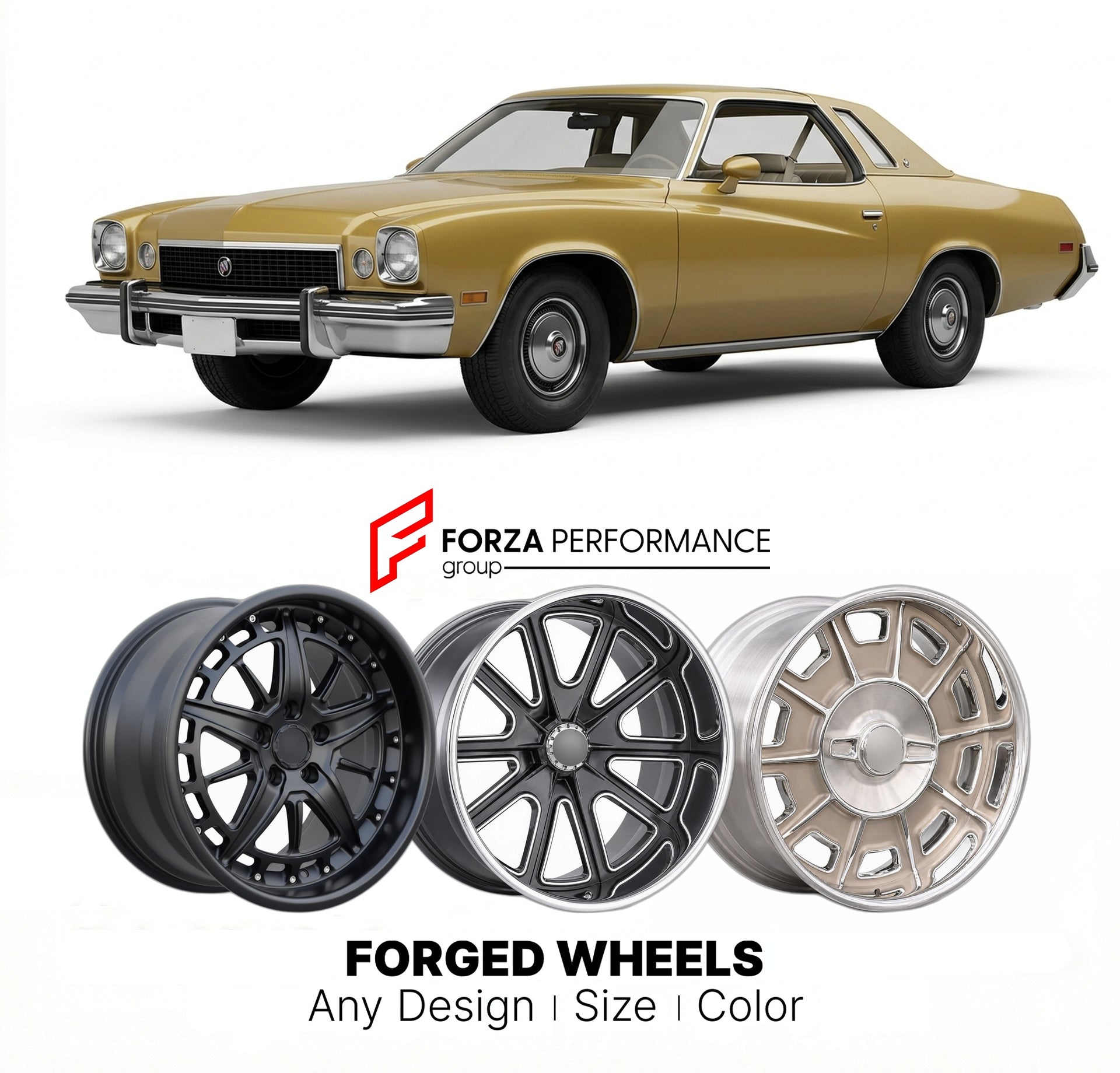CUSTOM CLASSIC VINTAGE RESTOMOD RETRO OLD SCHOOL FORGED WHEELS RIMS for BUICK REGAL 1973 - 1977
Custom forged wheels for classic American muscle cars. Ideal for restomod builds, vintage restorations, and show cars. Deep dish and retro styling available.

We manufacture premium quality forged wheels rims for Buick Regal 1973 - 1977 in any design, size, color.

THIS WHEEL DESIGN CAN BE CUSTOM-MADE FOR YOUR CAR IN ANY SIZE AND COLOR OPTIONS
Available in monoblock, 2-piece, 3-piece, duoblock, beadlock
3D wheel 
