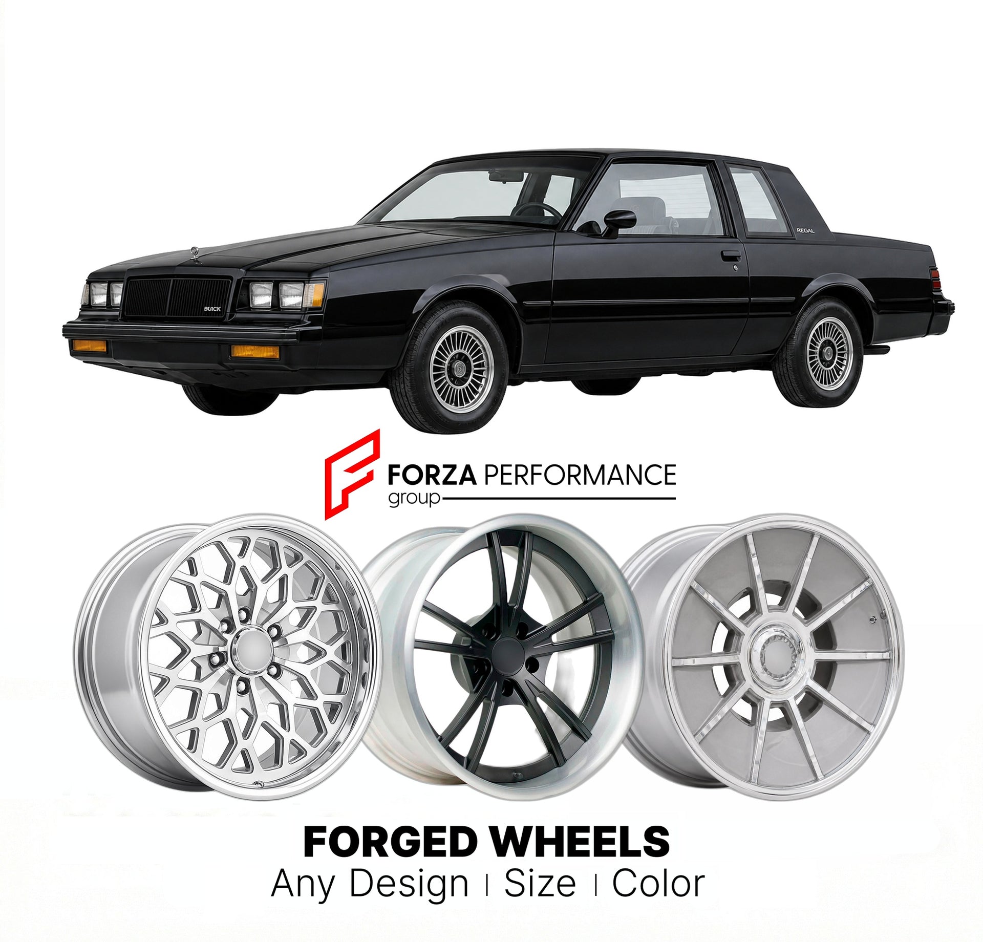 CUSTOM CLASSIC VINTAGE RESTOMOD RETRO OLD SCHOOL FORGED WHEELS RIMS for BUICK REGAL 1988 - 1989
Custom forged wheels for classic American muscle cars. Ideal for restomod builds, vintage restorations, and show cars. Deep dish and retro styling available.

We manufacture premium quality forged wheels rims for Buick Regal 1988 - 1989 in any design, size, color.

THIS WHEEL DESIGN CAN BE CUSTOM-MADE FOR YOUR CAR IN ANY SIZE AND COLOR OPTIONS
Available in monoblock, 2-piece, 3-piece, duoblock, beadlock
3D wheel 