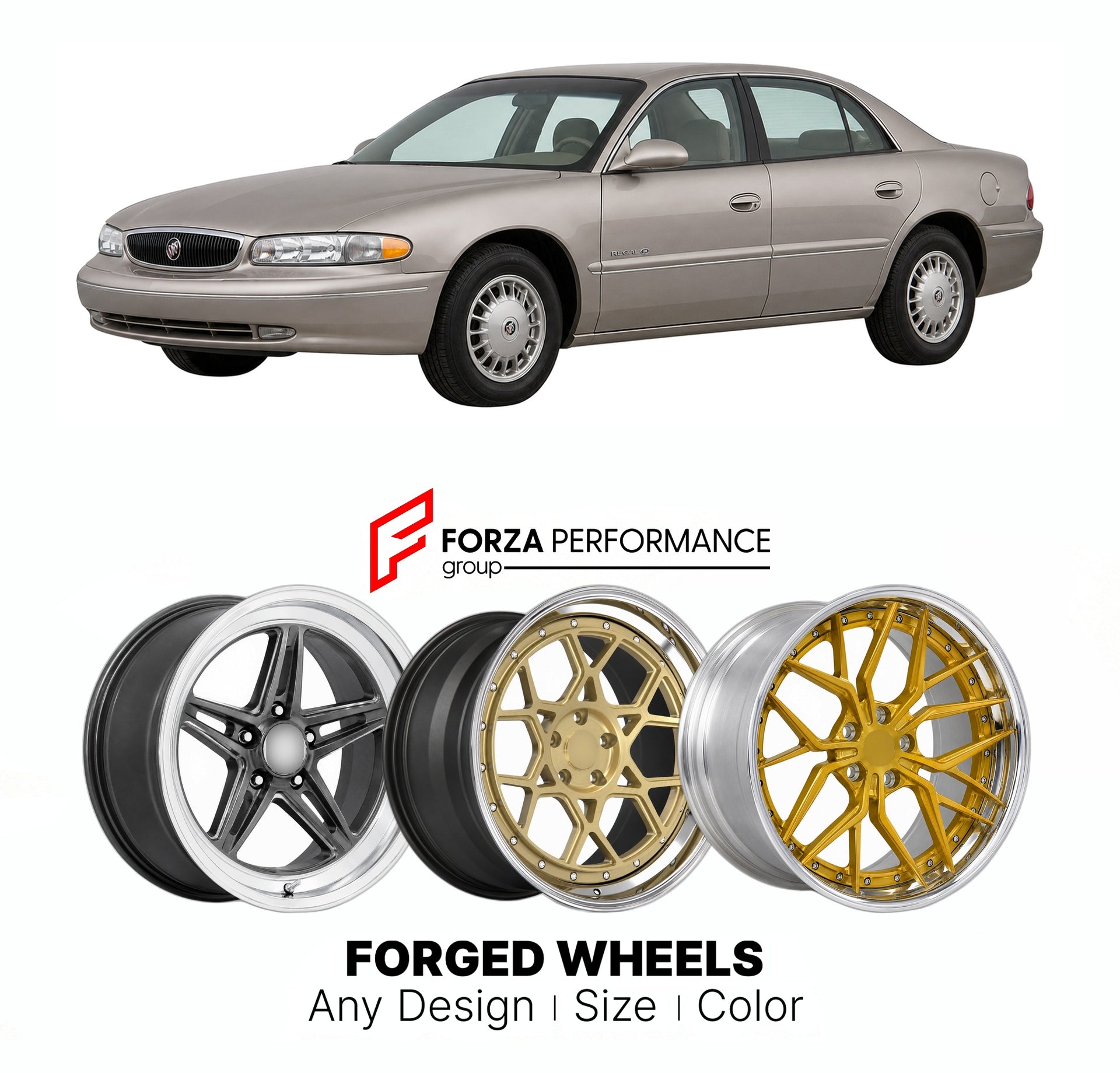 FORGED WHEELS RIMS for BUICK REGAL 1997 - 2004

Custom forged wheels for Buick Regal 1997 - 2004. Made-to-order monoblock, 2-piece and 3-piece rims in custom sizes, offsets, colors and finishes with guaranteed fitment.

We manufacture premium quality forged wheels rims for Buick Regal 1997 - 2004 in any design, size, color.

THIS WHEEL DESIGN CAN BE CUSTOM-MADE FOR YOUR CAR IN ANY SIZE AND COLOR OPTIONS
Available in monoblock, 2-piece, 3-piece, duoblock, beadlock
3D wheel renderings are provided according t