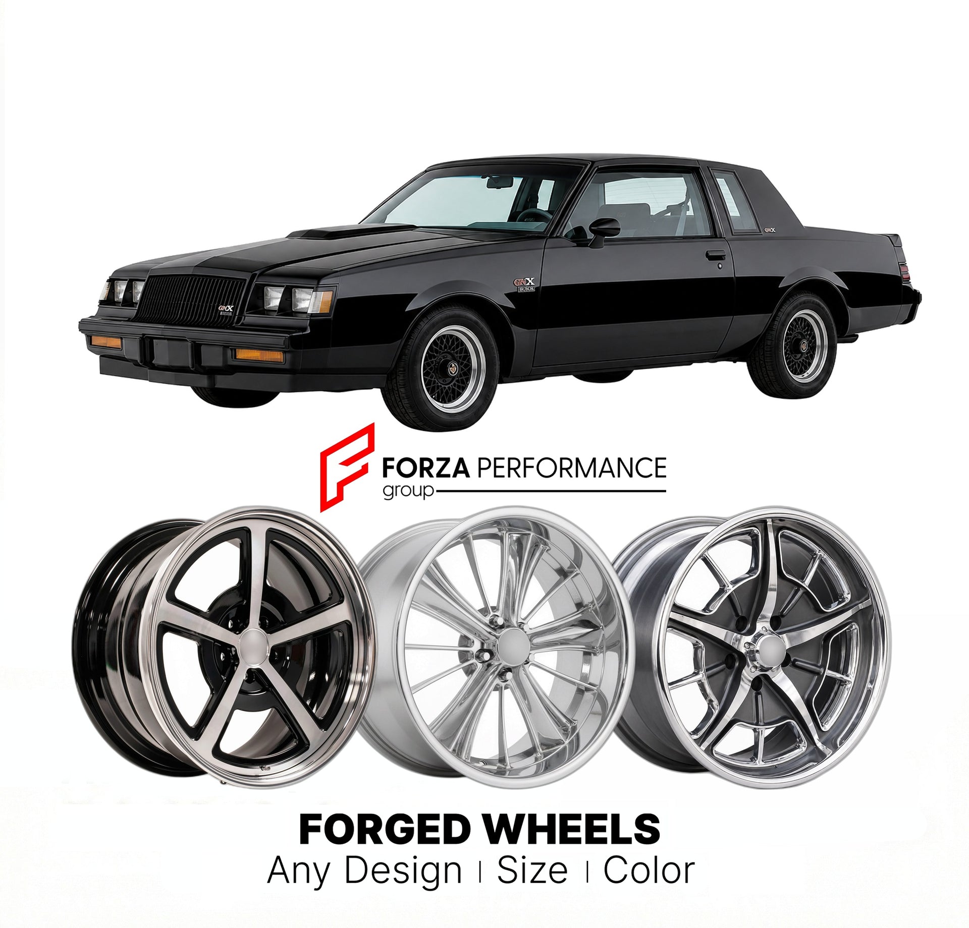 CUSTOM CLASSIC VINTAGE RESTOMOD RETRO OLD SCHOOL FORGED WHEELS RIMS for BUICK REGAL GNX 1987 - 1987
Custom forged wheels for classic American muscle cars. Ideal for restomod builds, vintage restorations, and show cars. Deep dish and retro styling available.

We manufacture premium quality forged wheels rims for Buick Regal GNX 1987 - 1987 in any design, size, color.

THIS WHEEL DESIGN CAN BE CUSTOM-MADE FOR YOUR CAR IN ANY SIZE AND COLOR OPTIONS
Available in monoblock, 2-piece, 3-piece, duoblock, beadlock
3