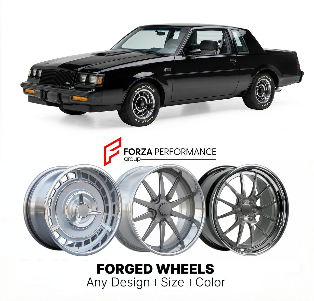 CUSTOM CLASSIC VINTAGE RESTOMOD RETRO OLD SCHOOL FORGED WHEELS RIMS for BUICK REGAL GRAND NATIONAL 1982 - 1987
Custom forged wheels for classic American muscle cars. Ideal for restomod builds, vintage restorations, and show cars. Deep dish and retro styling available.

We manufacture premium quality forged wheels rims for Buick Regal Grand National 1982 - 1987 in any design, size, color.

THIS WHEEL DESIGN CAN BE CUSTOM-MADE FOR YOUR CAR IN ANY SIZE AND COLOR OPTIONS
Available in monoblock, 2-piece, 3-piece