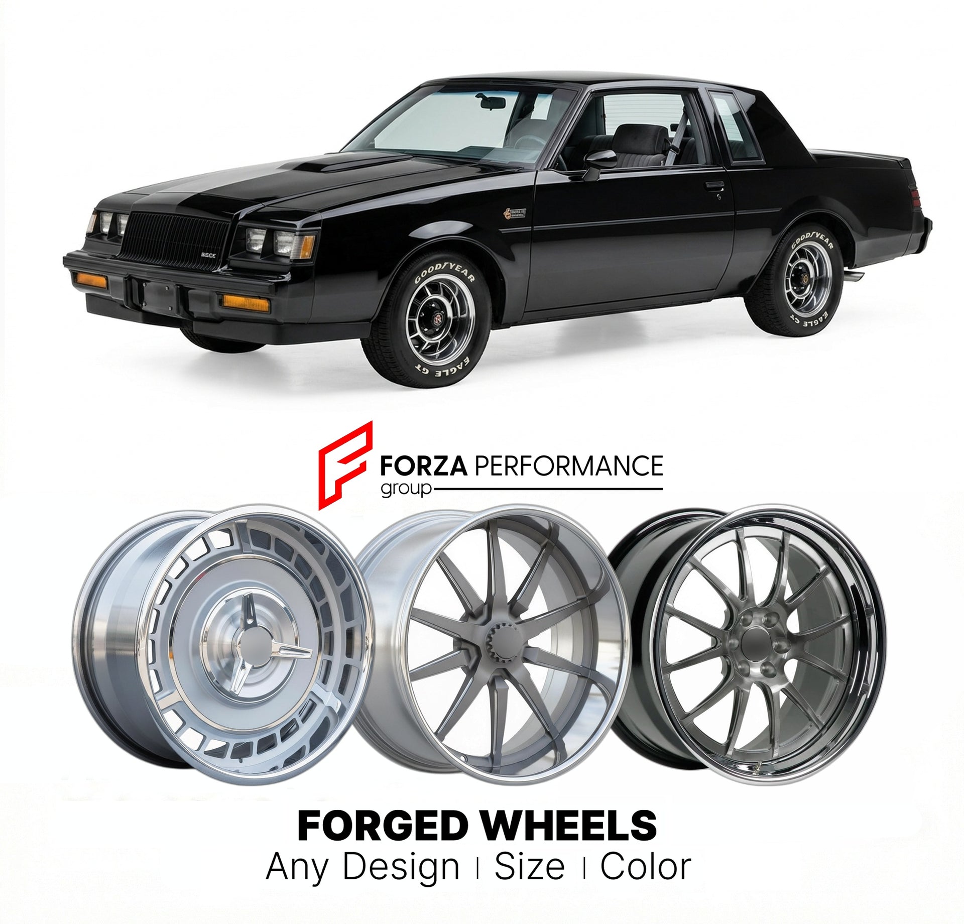 CUSTOM CLASSIC VINTAGE RESTOMOD RETRO OLD SCHOOL FORGED WHEELS RIMS for BUICK REGAL GRAND NATIONAL 1982 - 1987
Custom forged wheels for classic American muscle cars. Ideal for restomod builds, vintage restorations, and show cars. Deep dish and retro styling available.

We manufacture premium quality forged wheels rims for Buick Regal Grand National 1982 - 1987 in any design, size, color.

THIS WHEEL DESIGN CAN BE CUSTOM-MADE FOR YOUR CAR IN ANY SIZE AND COLOR OPTIONS
Available in monoblock, 2-piece, 3-piece