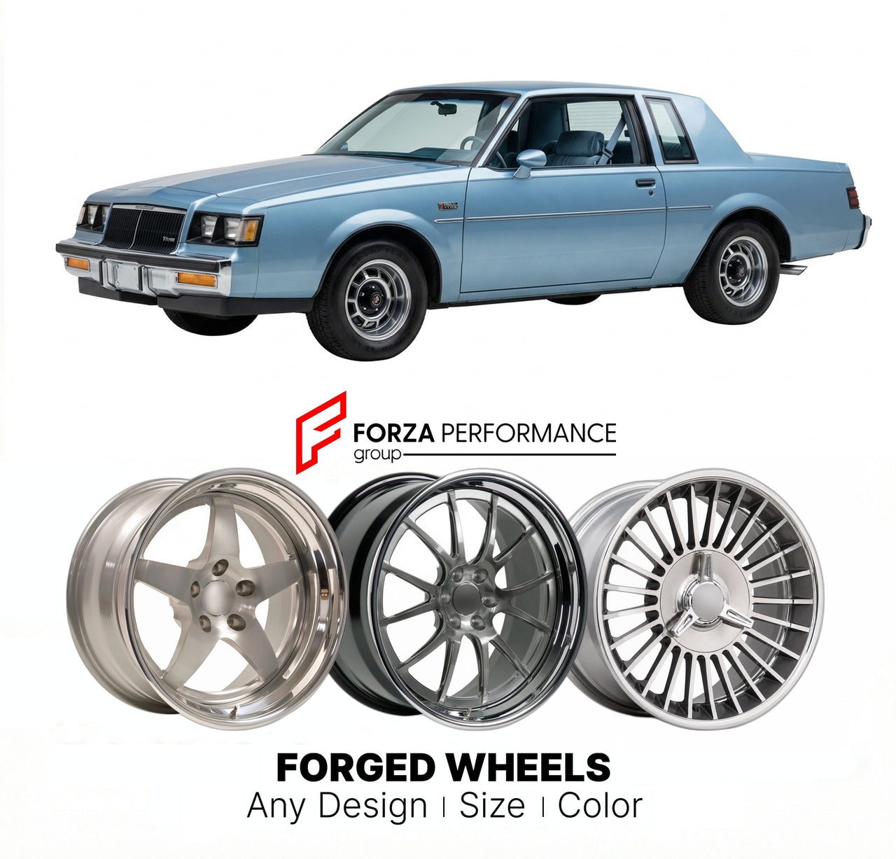 CUSTOM CLASSIC VINTAGE RESTOMOD RETRO OLD SCHOOL FORGED WHEELS RIMS for BUICK REGAL T-TYPE 1984 - 1987
Custom forged wheels for classic American muscle cars. Ideal for restomod builds, vintage restorations, and show cars. Deep dish and retro styling available.

We manufacture premium quality forged wheels rims for Buick Regal T-Type 1984 - 1987 in any design, size, color.

THIS WHEEL DESIGN CAN BE CUSTOM-MADE FOR YOUR CAR IN ANY SIZE AND COLOR OPTIONS
Available in monoblock, 2-piece, 3-piece, duoblock, bead