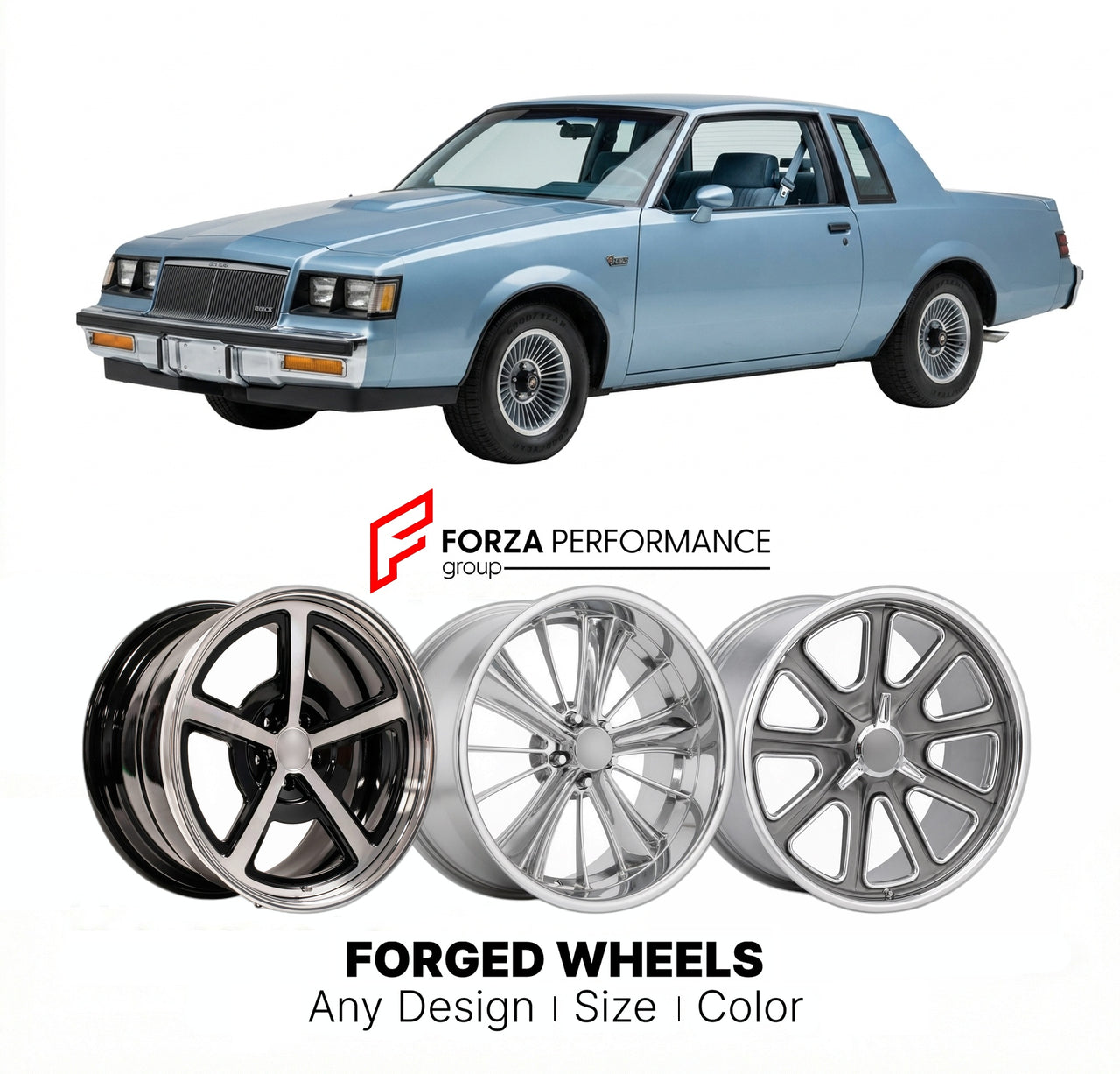 CUSTOM CLASSIC VINTAGE RESTOMOD RETRO OLD SCHOOL FORGED WHEELS RIMS for BUICK REGAL TURBO-T 1982 - 1987
Custom forged wheels for classic American muscle cars. Ideal for restomod builds, vintage restorations, and show cars. Deep dish and retro styling available.

We manufacture premium quality forged wheels rims for Buick Regal Turbo-T 1982 - 1987 in any design, size, color.

THIS WHEEL DESIGN CAN BE CUSTOM-MADE FOR YOUR CAR IN ANY SIZE AND COLOR OPTIONS
Available in monoblock, 2-piece, 3-piece, duoblock, be