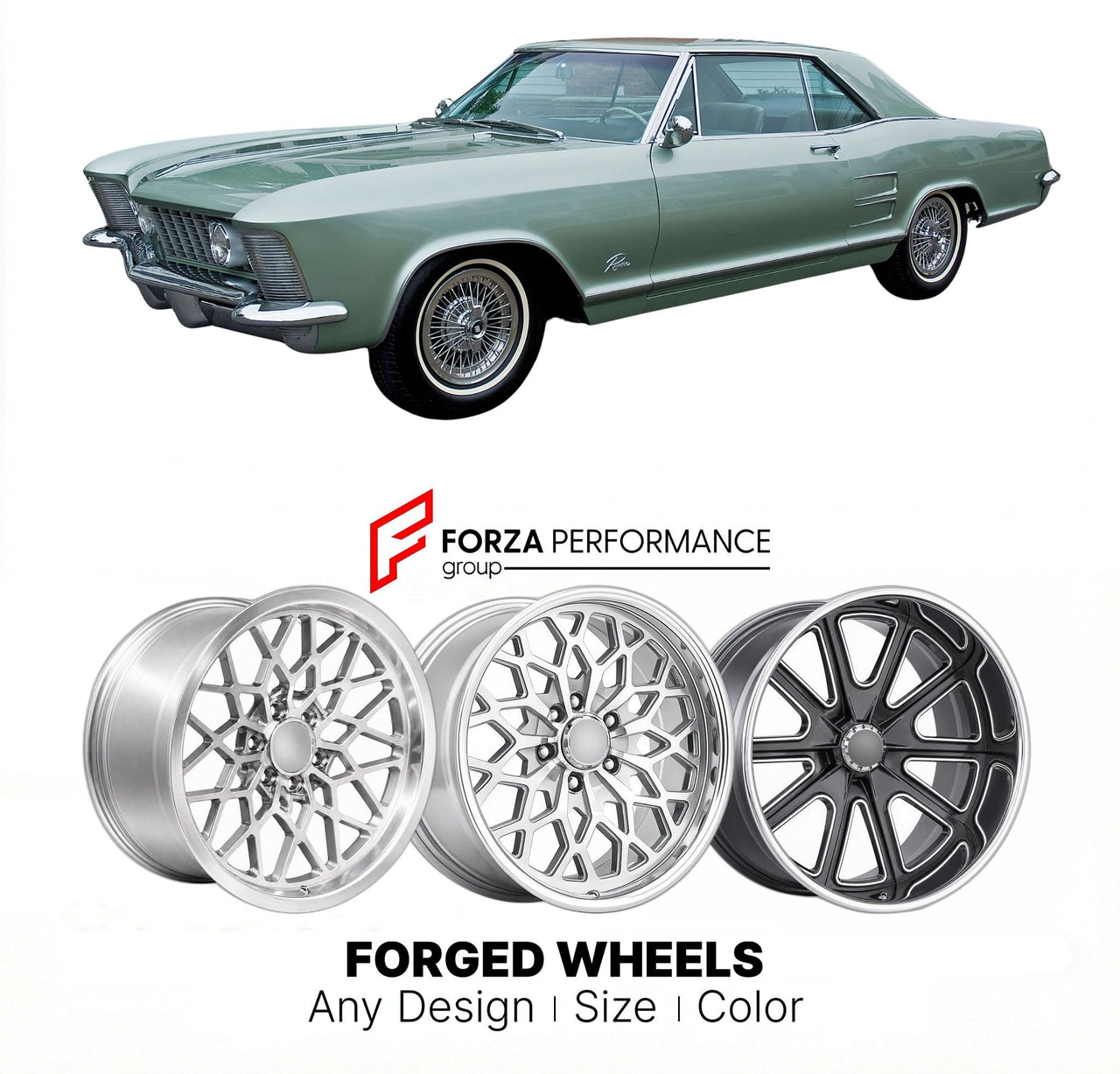 CUSTOM CLASSIC VINTAGE RESTOMOD RETRO OLD SCHOOL FORGED WHEELS RIMS for BUICK RIVIERA 1963 - 1965
Custom forged wheels for classic American muscle cars. Ideal for restomod builds, vintage restorations, and show cars. Deep dish and retro styling available.

We manufacture premium quality forged wheels rims for Buick Riviera Avenir 1963 - 1965 in any design, size, color.

THIS WHEEL DESIGN CAN BE CUSTOM-MADE FOR YOUR CAR IN ANY SIZE AND COLOR OPTIONS
Available in monoblock, 2-piece, 3-piece, duoblock, 