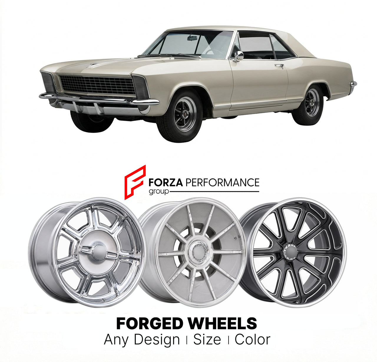 CUSTOM CLASSIC VINTAGE RESTOMOD RETRO OLD SCHOOL FORGED WHEELS RIMS for BUICK RIVIERA 1963 - 1990
Custom forged wheels for classic American muscle cars. Ideal for restomod builds, vintage restorations, and show cars. Deep dish and retro styling available.

We manufacture premium quality forged wheels rims for Buick Riviera 1963 - 1990 in any design, size, color.

THIS WHEEL DESIGN CAN BE CUSTOM-MADE FOR YOUR CAR IN ANY SIZE AND COLOR OPTIONS
Available in monoblock, 2-piece, 3-piece, duoblock, beadlock
3D wh