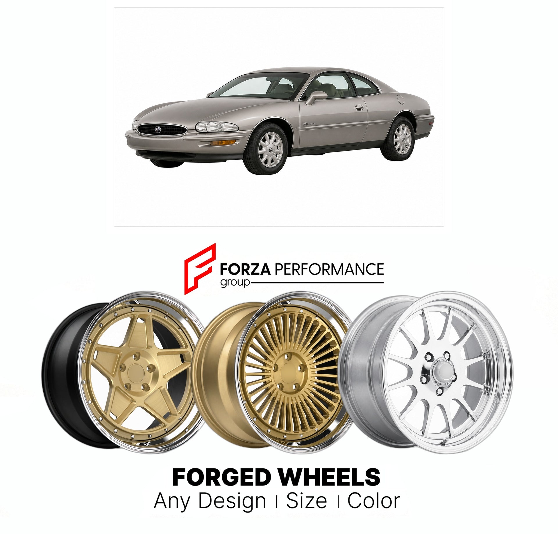 FORGED WHEELS RIMS for BUICK RIVIERA 1995 - 1999

Custom forged wheels for Buick Riviera 1995 - 1999. Made-to-order monoblock, 2-piece and 3-piece rims in custom sizes, offsets, colors and finishes with guaranteed fitment.

We manufacture premium quality forged wheels rims for Buick Riviera 1995 - 1999 in any design, size, color.

THIS WHEEL DESIGN CAN BE CUSTOM-MADE FOR YOUR CAR IN ANY SIZE AND COLOR OPTIONS
Available in monoblock, 2-piece, 3-piece, duoblock, beadlock
3D wheel renderings are provided accor