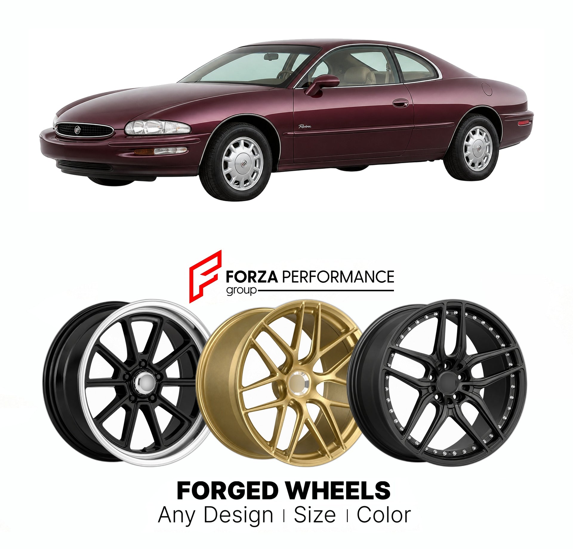 FORGED WHEELS RIMS for BUICK RIVIERA BASE 1995 - 1999

Custom forged wheels for Buick Riviera Base 1995 - 1999. Made-to-order monoblock, 2-piece and 3-piece rims in custom sizes, offsets, colors and finishes with guaranteed fitment.

We manufacture premium quality forged wheels rims for Buick Riviera Base 1995 - 1999 in any design, size, color.

THIS WHEEL DESIGN CAN BE CUSTOM-MADE FOR YOUR CAR IN ANY SIZE AND COLOR OPTIONS
Available in monoblock, 2-piece, 3-piece, duoblock, beadlock
3D wheel renderings are