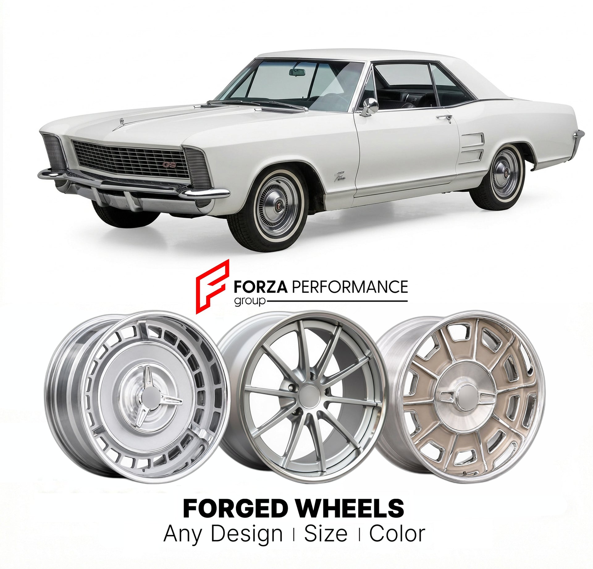 CUSTOM CLASSIC VINTAGE RESTOMOD RETRO OLD SCHOOL FORGED WHEELS RIMS for BUICK RIVIERA GS 1965 - 1972
Custom forged wheels for classic American muscle cars. Ideal for restomod builds, vintage restorations, and show cars. Deep dish and retro styling available.

We manufacture premium quality forged wheels rims for Buick Riviera GS 1965 - 1972 in any design, size, color.

THIS WHEEL DESIGN CAN BE CUSTOM-MADE FOR YOUR CAR IN ANY SIZE AND COLOR OPTIONS
Available in monoblock, 2-piece, 3-piece, duoblock, beadlock