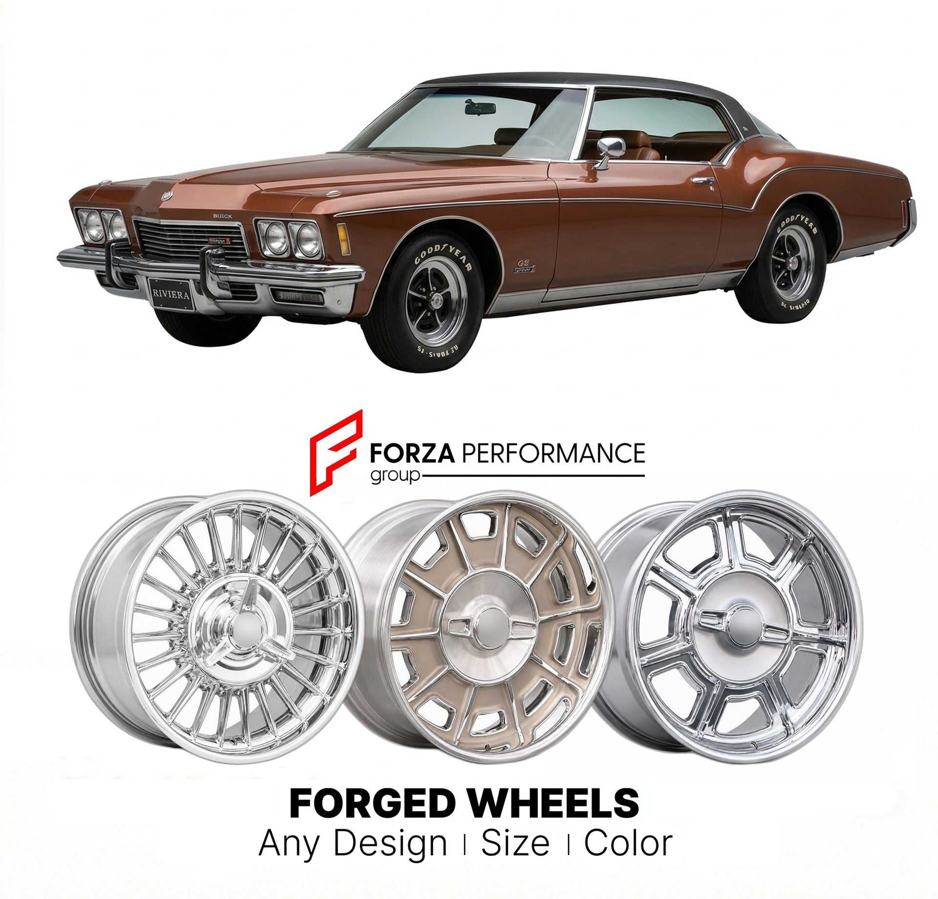 CUSTOM CLASSIC VINTAGE RESTOMOD RETRO OLD SCHOOL FORGED WHEELS RIMS for BUICK RIVIERA GS STAGE 1 1973 - 1974
Custom forged wheels for classic American muscle cars. Ideal for restomod builds, vintage restorations, and show cars. Deep dish and retro styling available.

We manufacture premium quality forged wheels rims for Buick Riviera GS Stage 1 1973 - 1974 in any design, size, color.

THIS WHEEL DESIGN CAN BE CUSTOM-MADE FOR YOUR CAR IN ANY SIZE AND COLOR OPTIONS
Available in monoblock, 2-piece, 3-piece, du